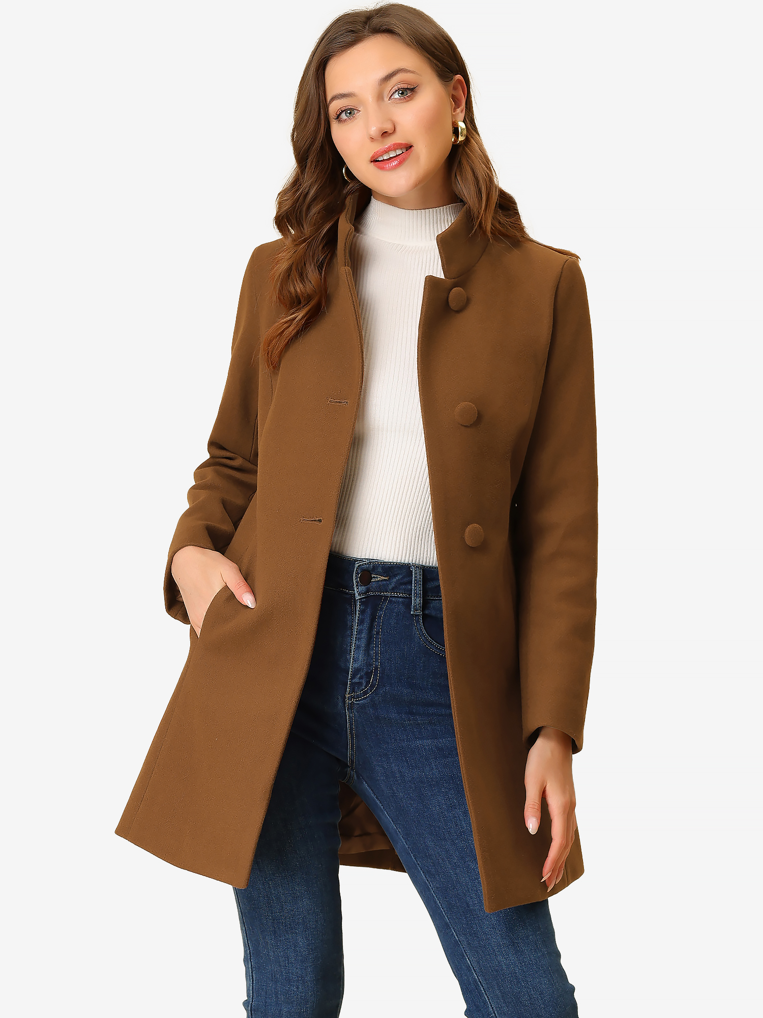 Stand Collar Single Breasted Solid Color Pea Coat Brown/M