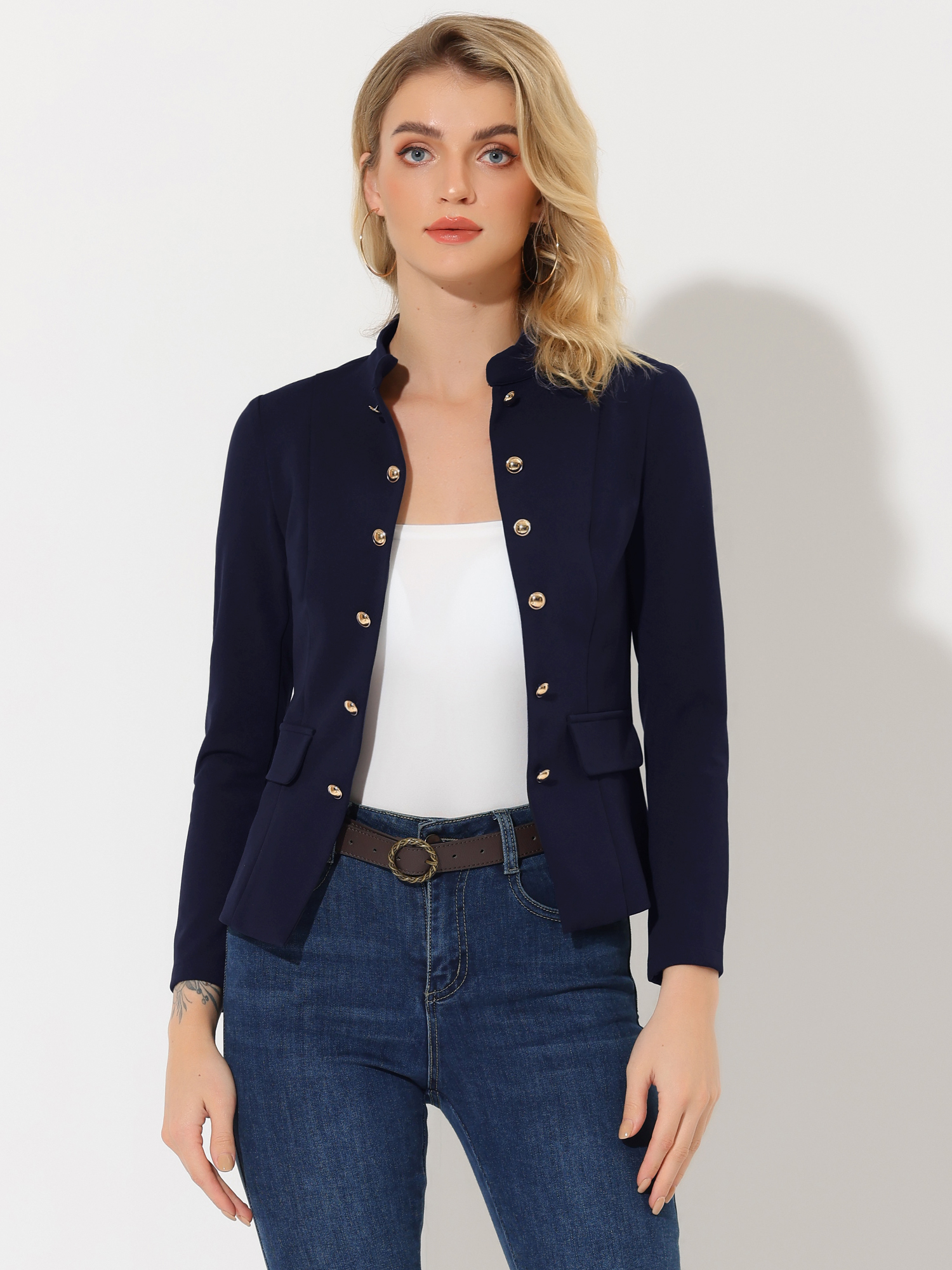 Open Front Blazers Casual Long Sleeve Buttons Office Suit Jacket Navy Blue/S