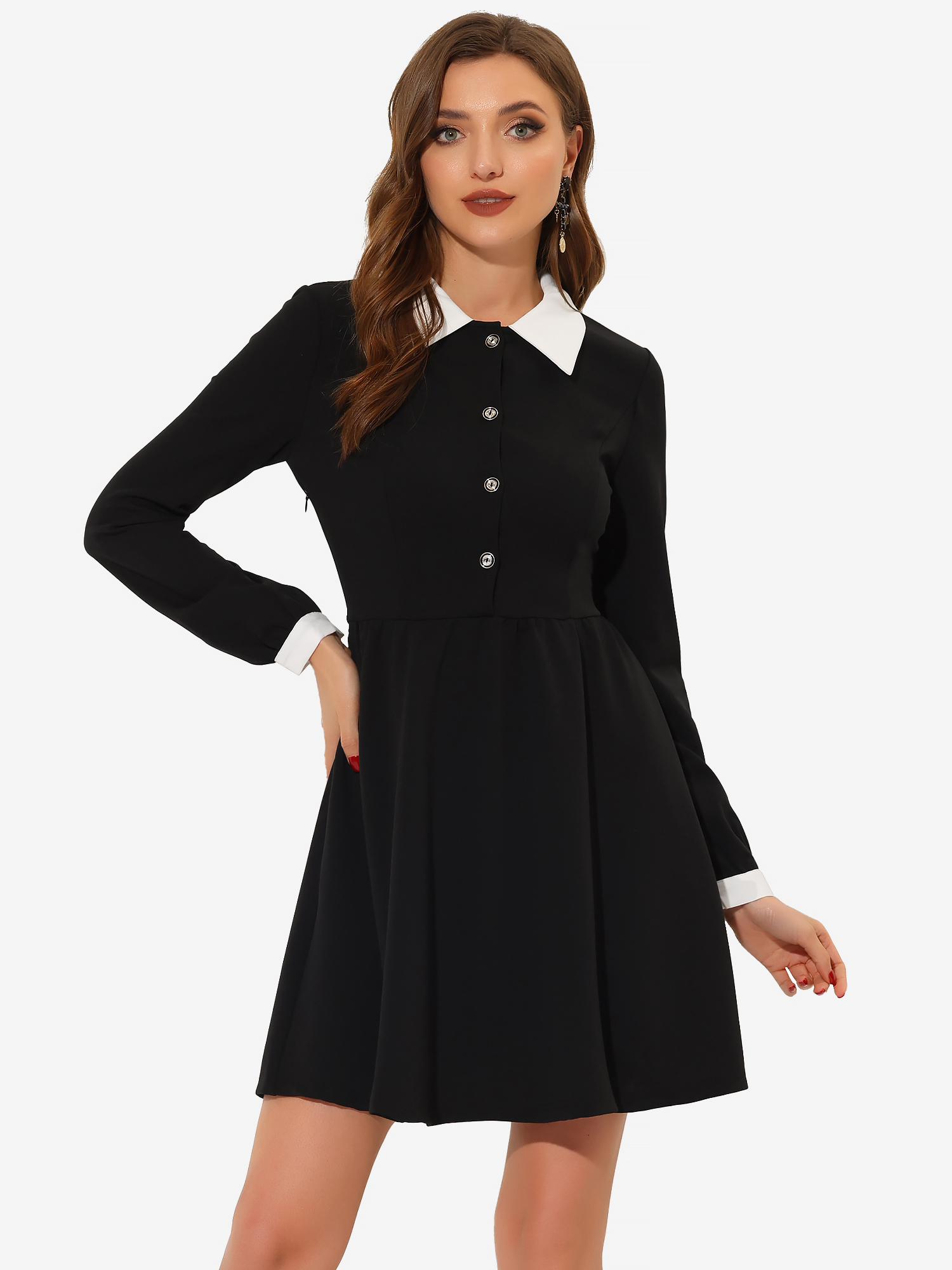Contrast Color Puff Long Sleeve Collared Flare Short Dress Black/XS