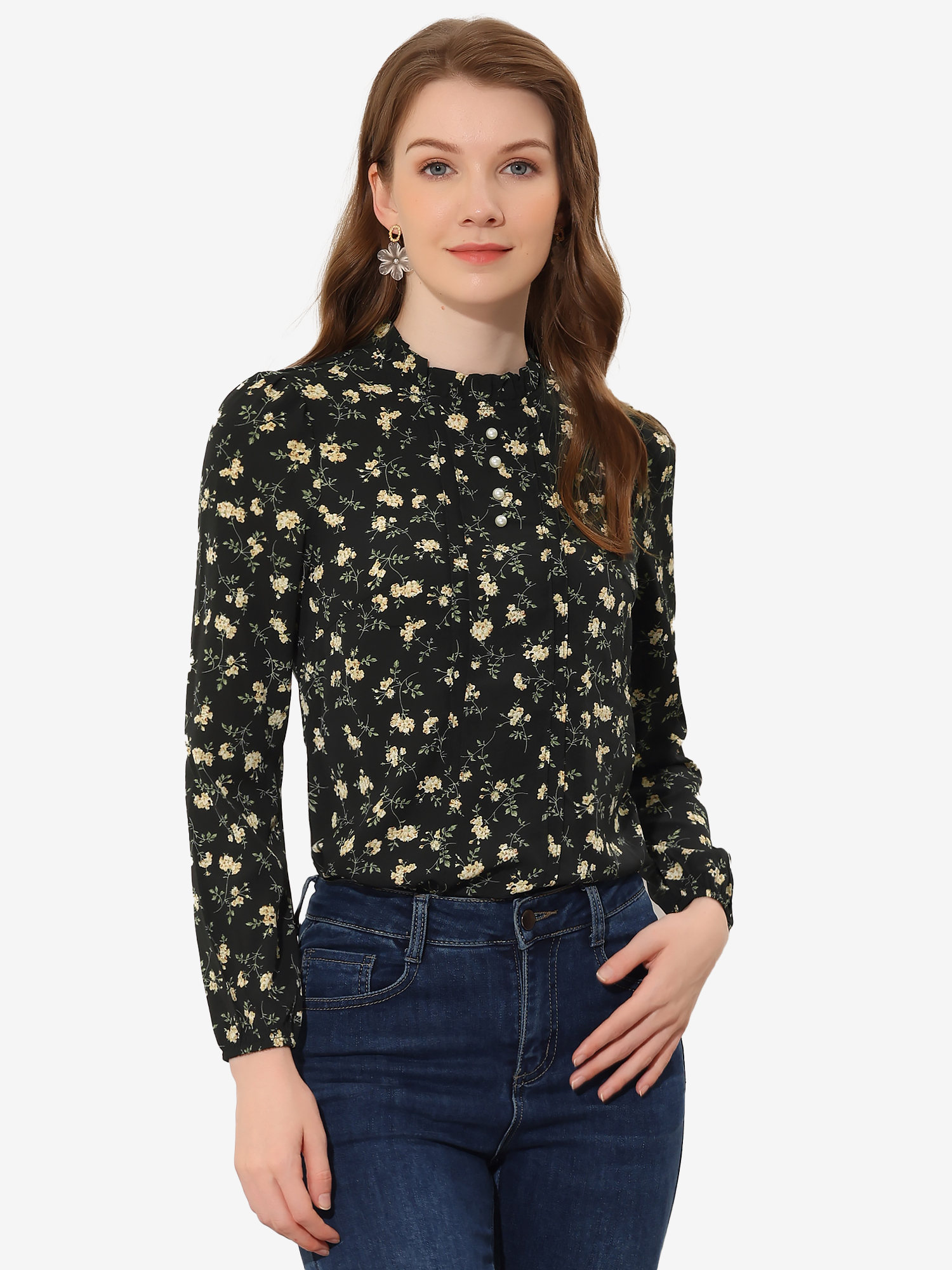 Floral Print Flounce Mock Neck Long Sleeve Work Blouse Black/XS