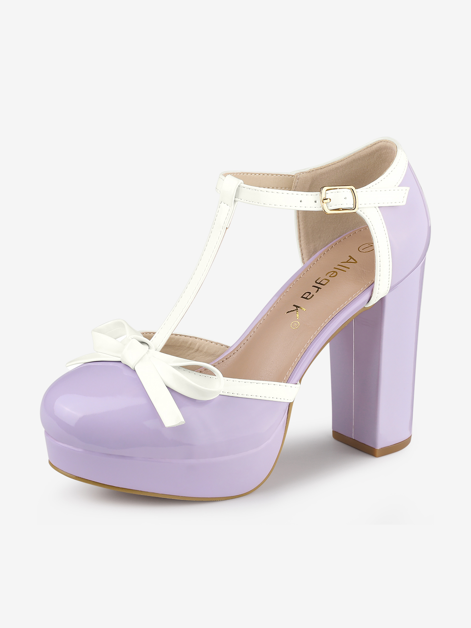 Platform Bow T Strap Chunky Heel Pumps Purple/6