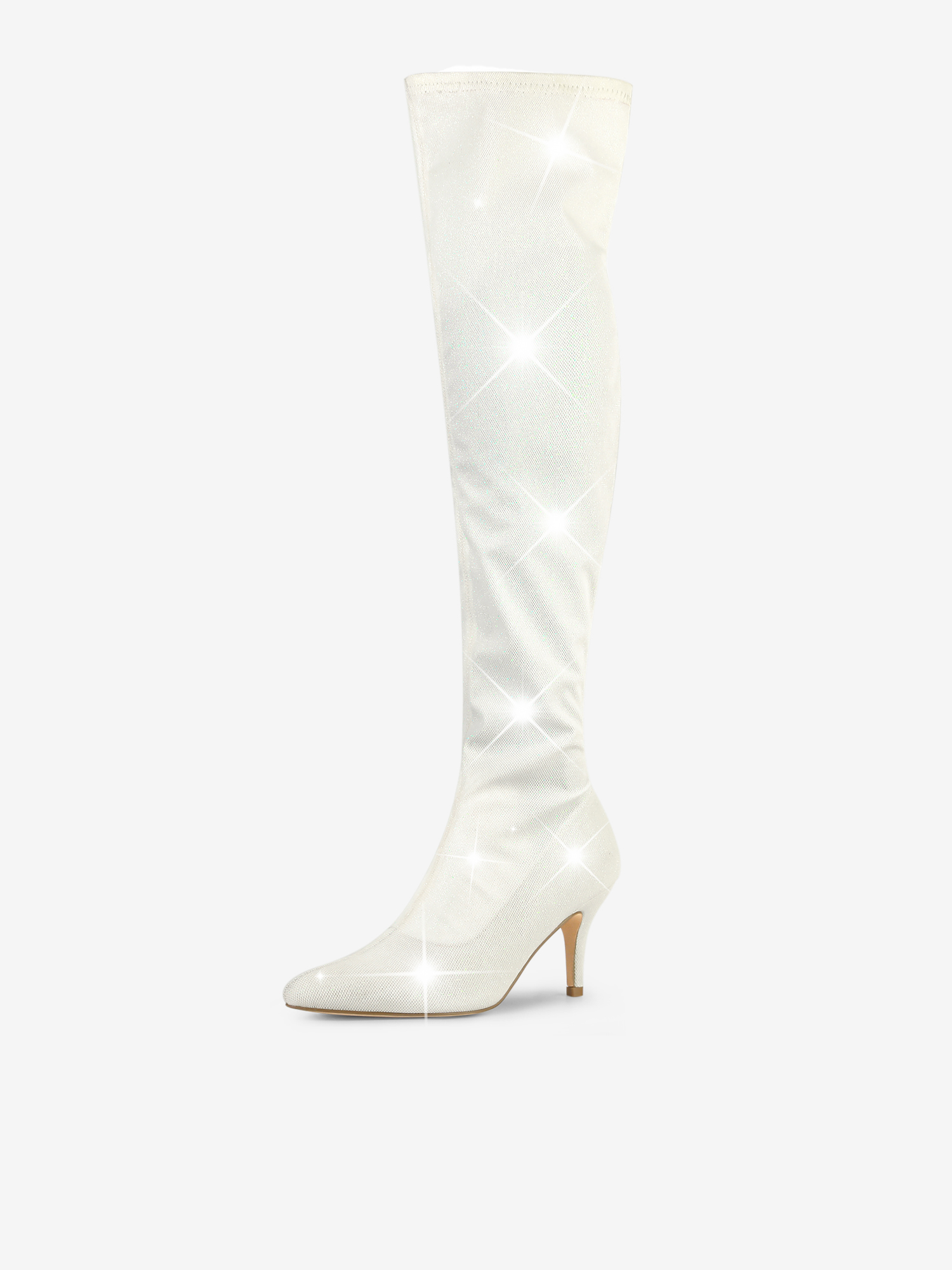 Glitter Pointed Toe Stiletto Heel Over the Knee High Boot White/10