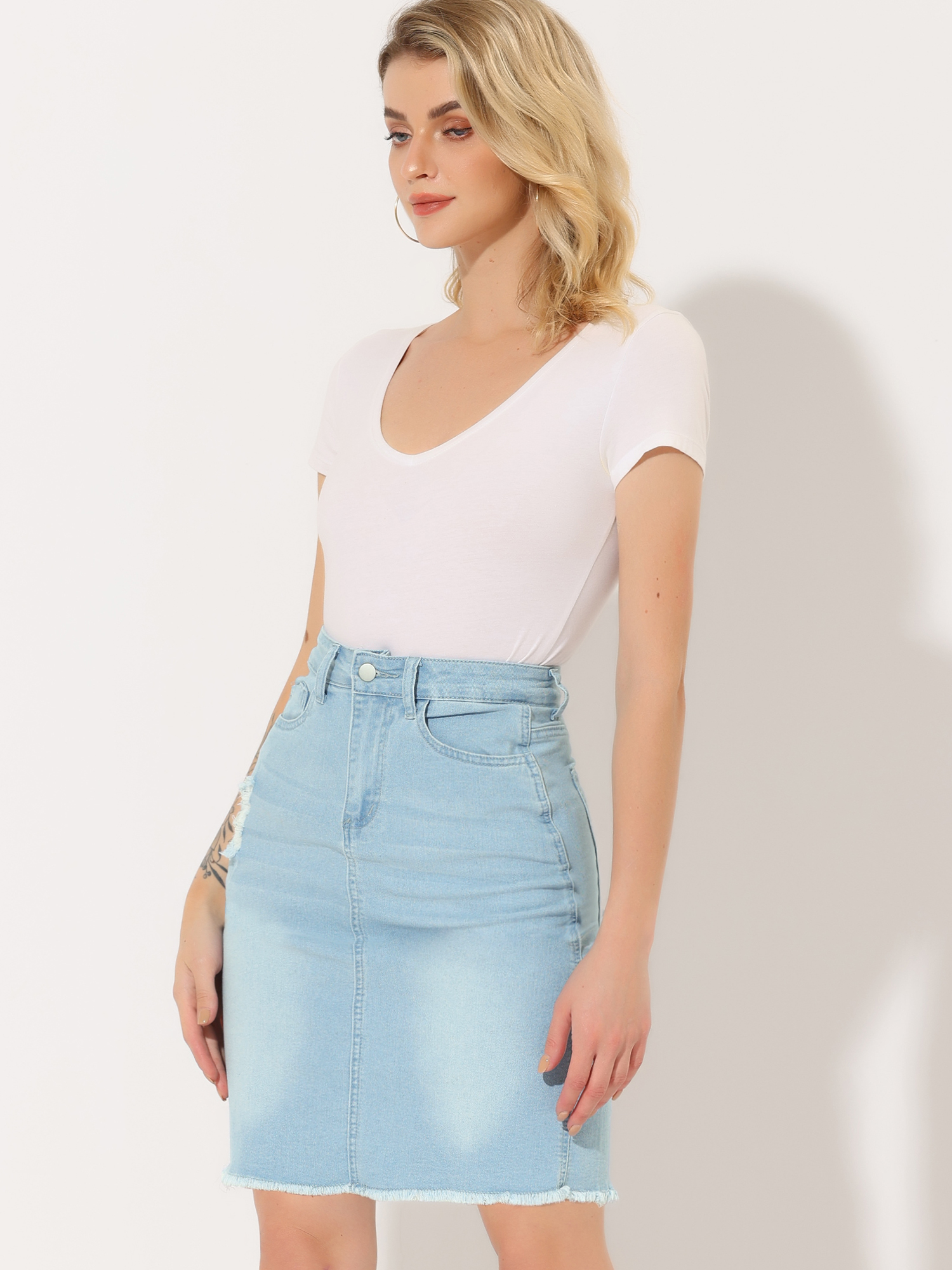 Basic Distressed High Waist Ripped Hem Washed Jeans Denim Skirt Light Blue/L