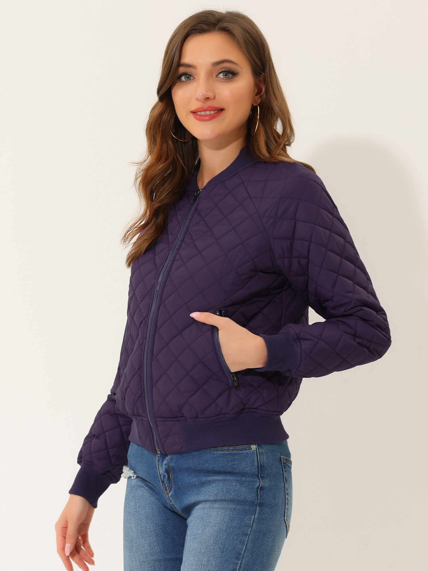 Casual Zip Up Raglan Long Sleeve Quilted Bomber Jacket Dark Purple/XL