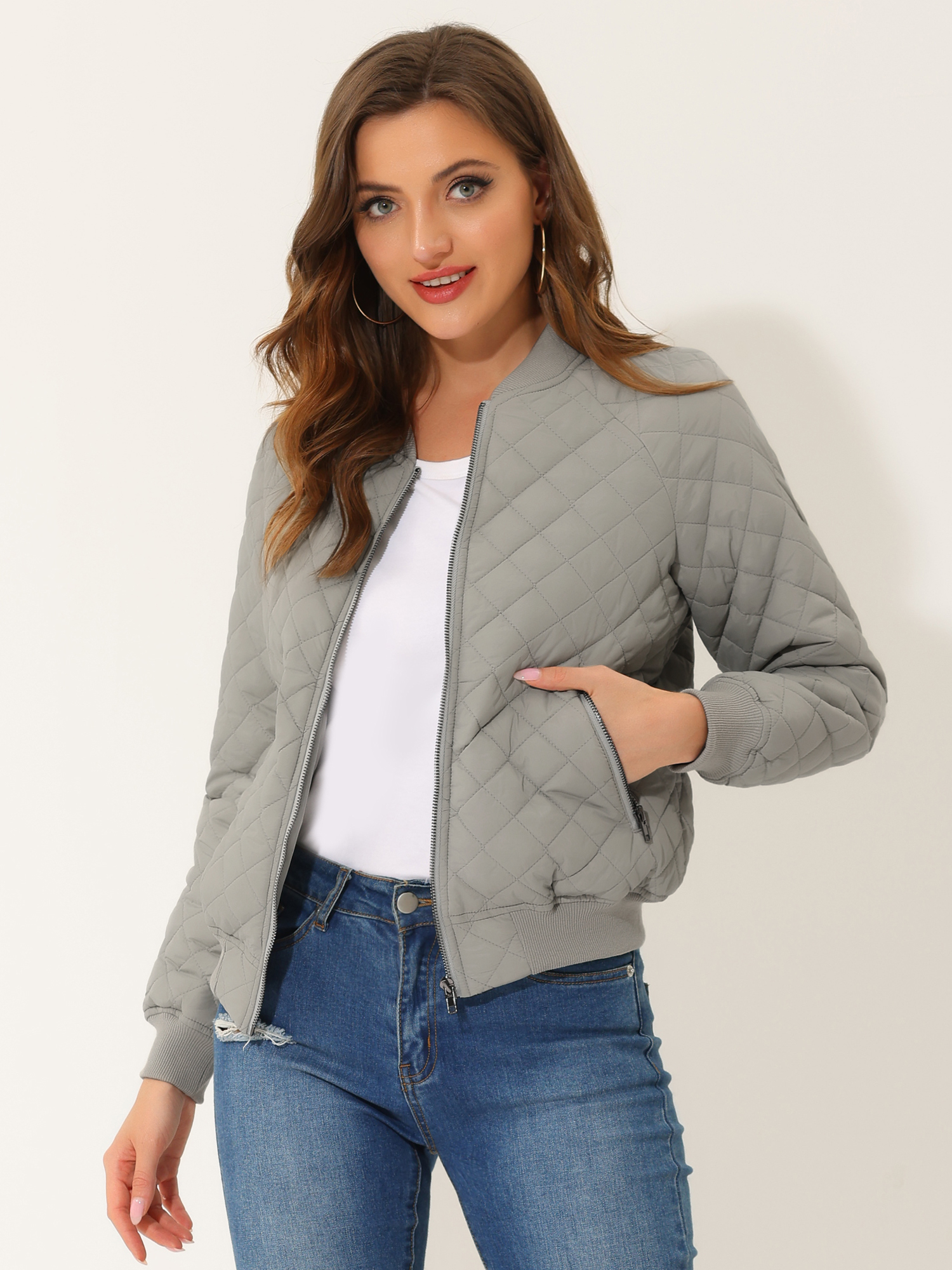 Casual Zip Up Raglan Long Sleeve Quilted Bomber Jacket Gray/L
