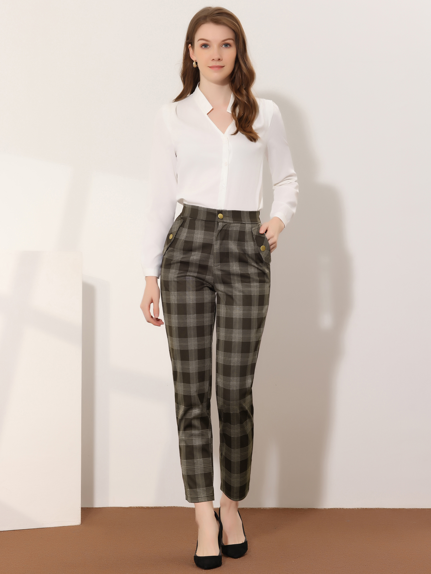 Vintage Tartan Plaid Pants Elastic Waist Straight Long Trousers Brown/S