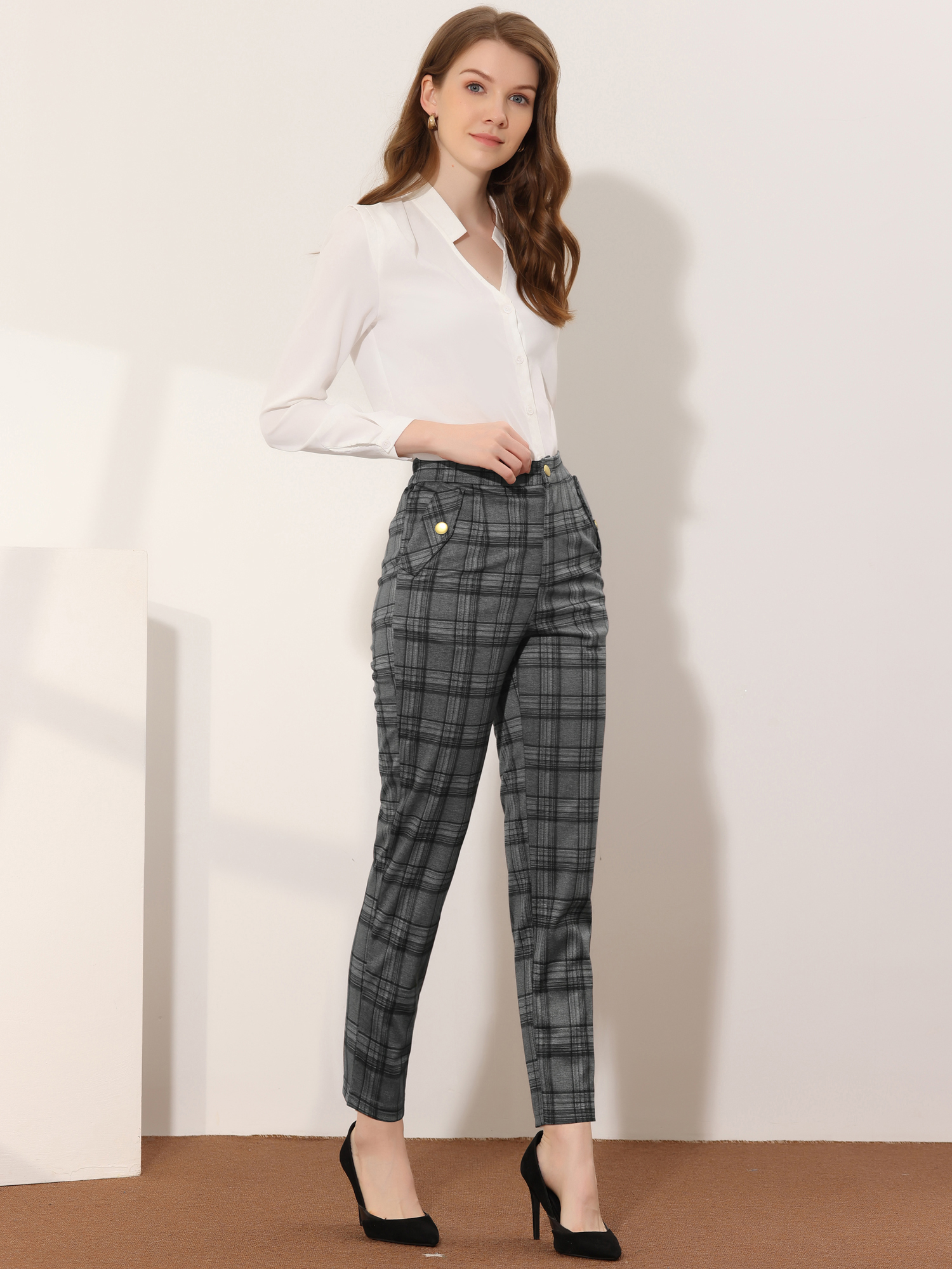 Tartan Plaid Pants Elastic Waist Straight Long Trousers Dark Grey/S