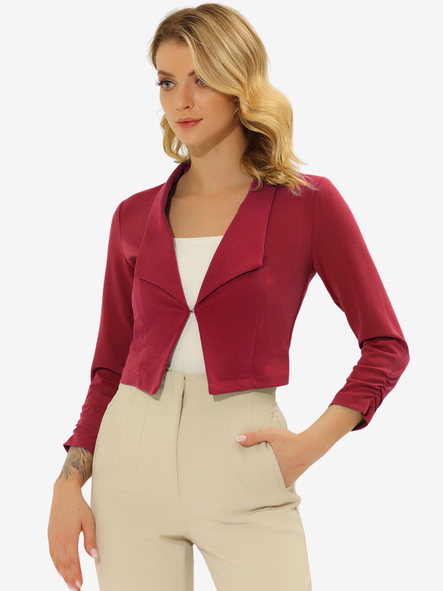Ruched Sleeve Notched Lapel Business Cropped Blazer Jacket Deep Red/M