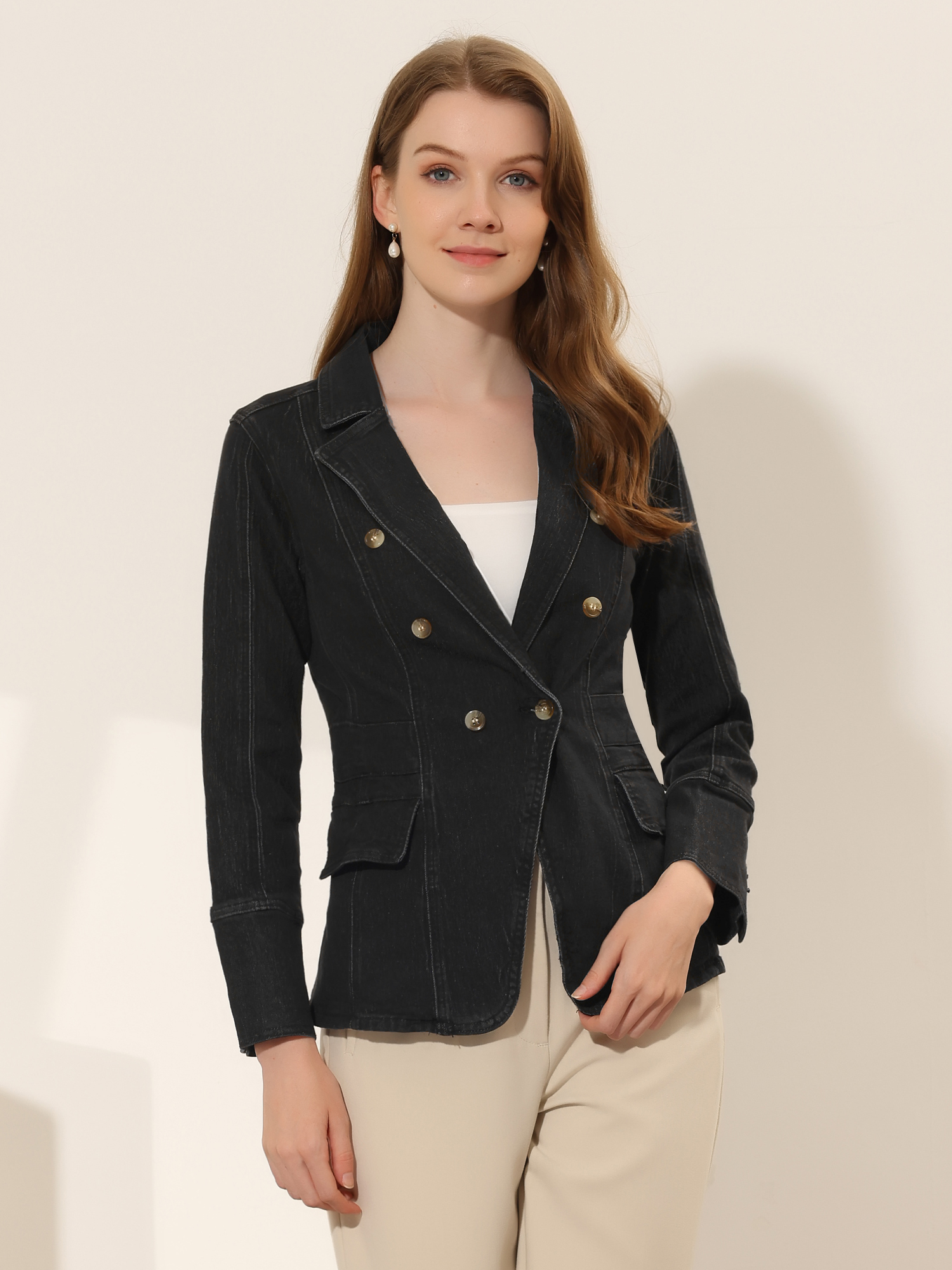 Notched Lapel Long Sleeve Pockets Denim Blazer Jean Jacket Black/L