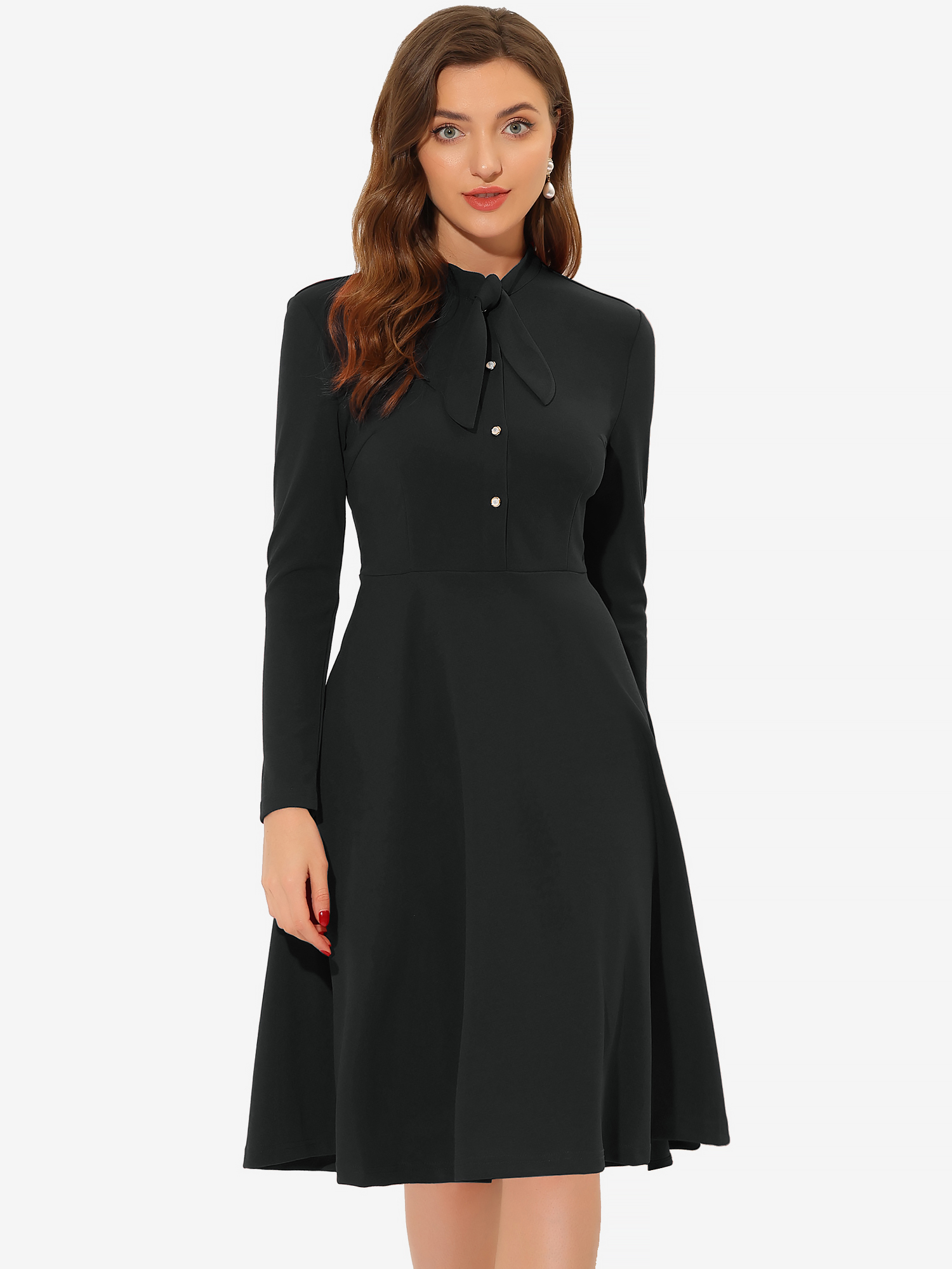 Tie Neck Knit Long Sleeve Midi Solid Work Sheath Dress Black/XS