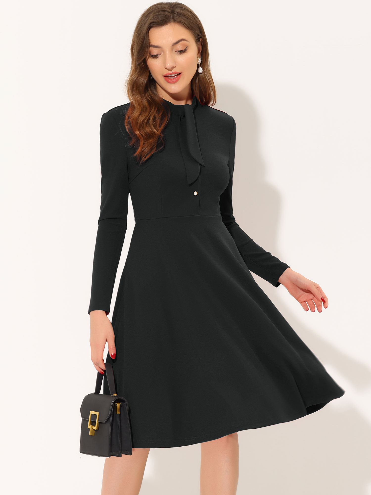 Tie Neck Knit Long Sleeve Midi Solid Work Sheath Dress Black/S