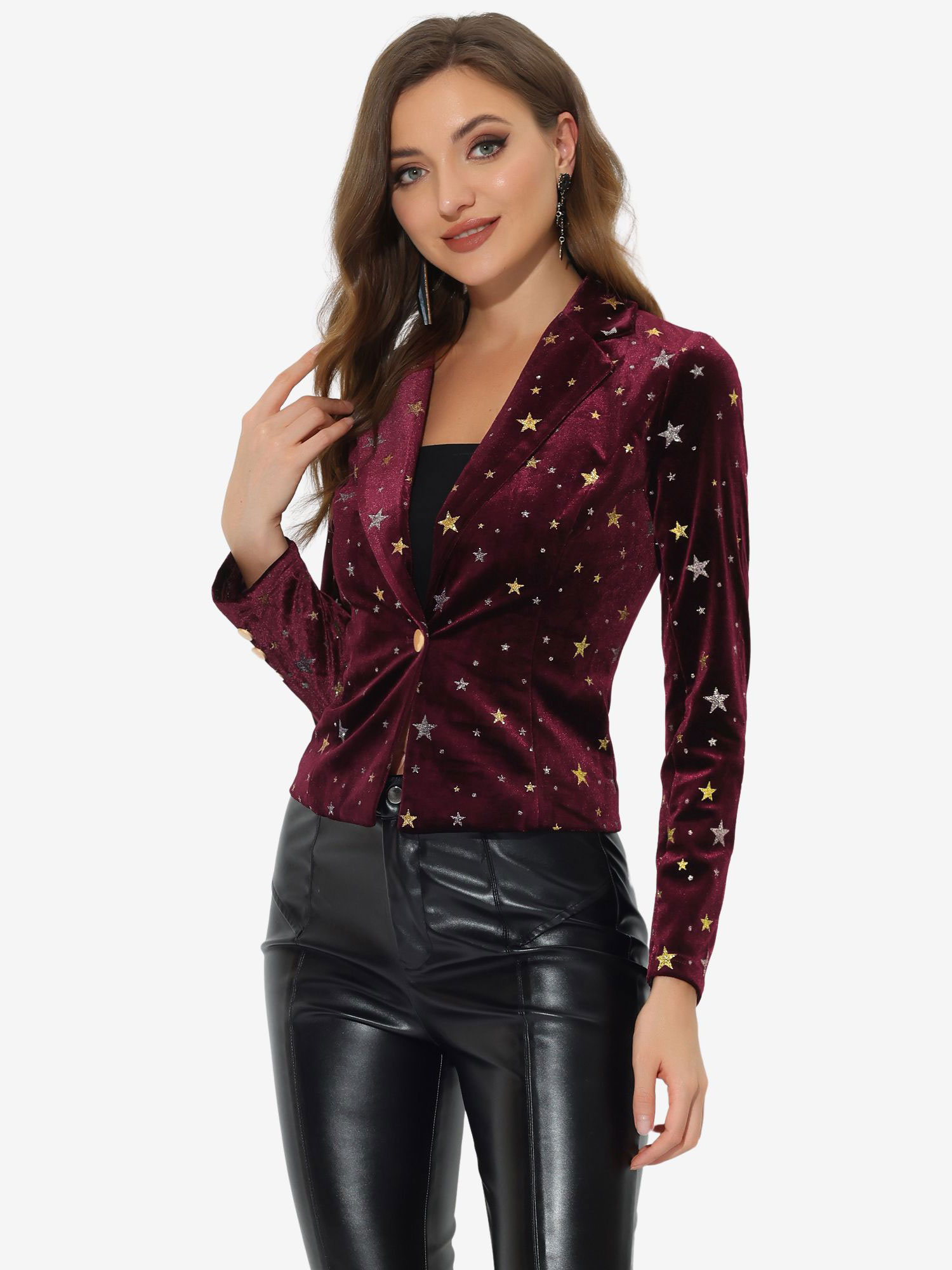Metallic Star Single Button Velvet Lapel Crop Blazer Burgundy-Star/XL