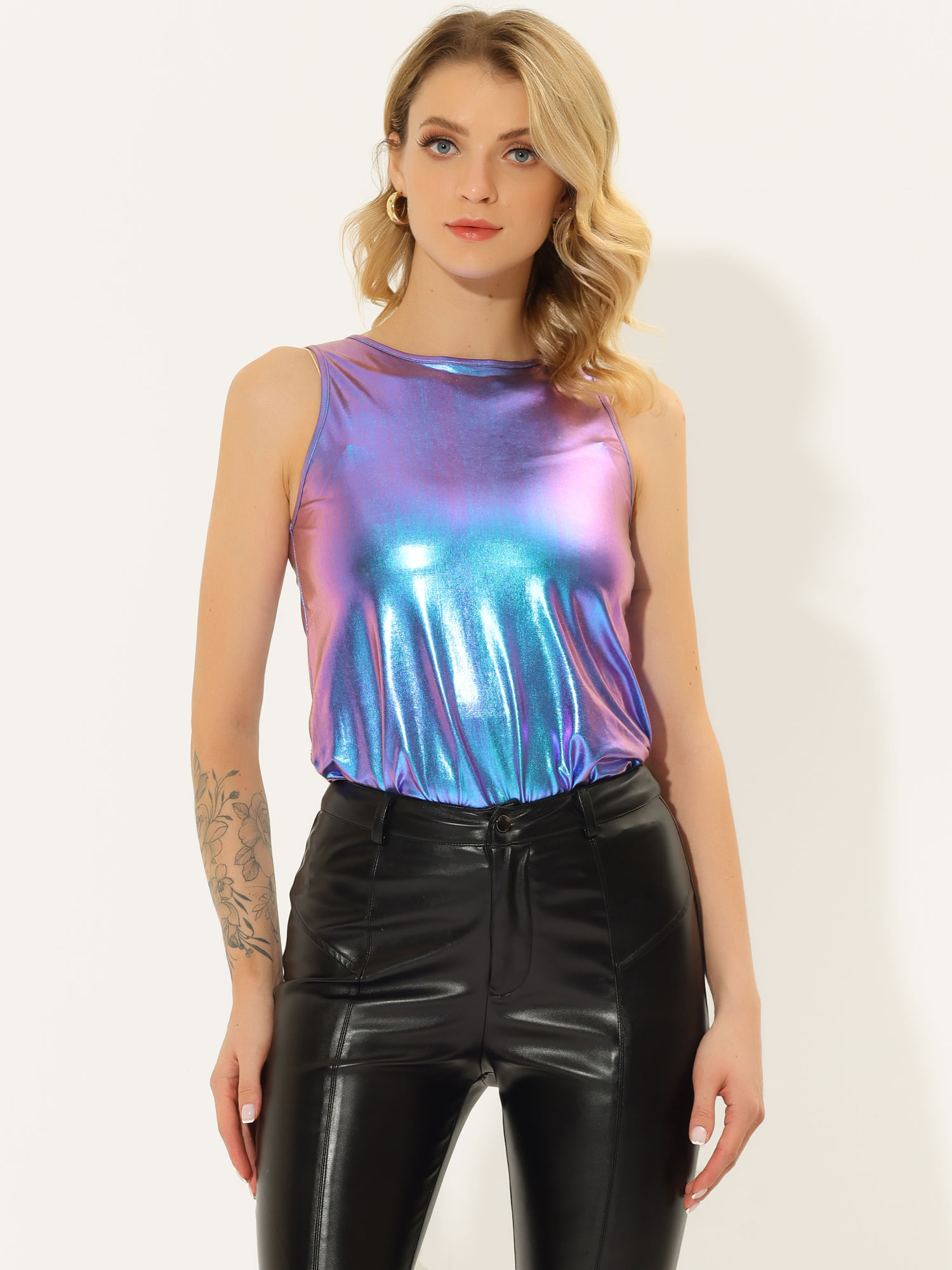 Shiny Sleeveless Camisole Club Shimmer Metallic Tank Top Shiny Blue/XL