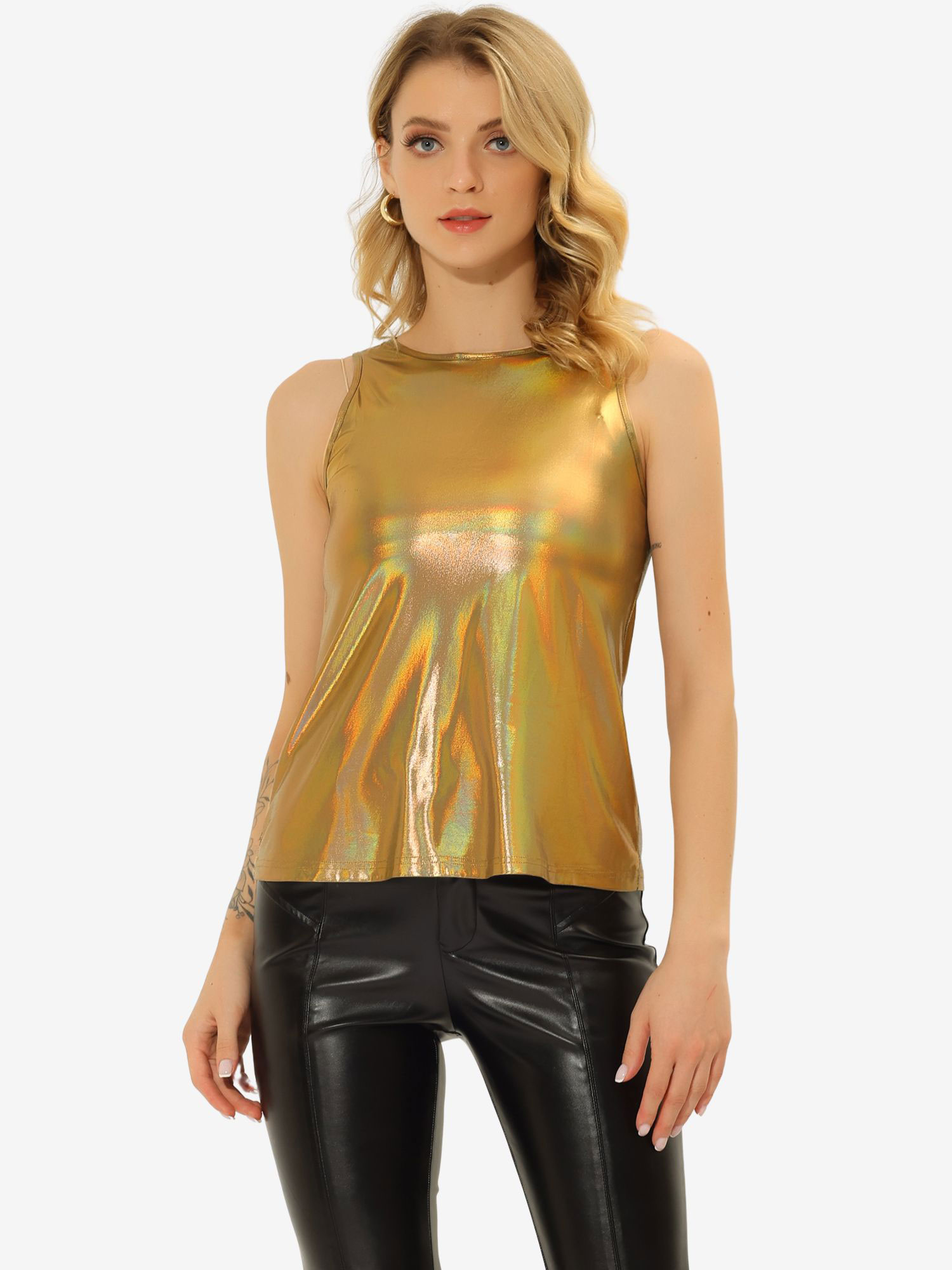 Shiny Sleeveless Camisole Club Shimmer Metallic Tank Top Light Gold/XS
