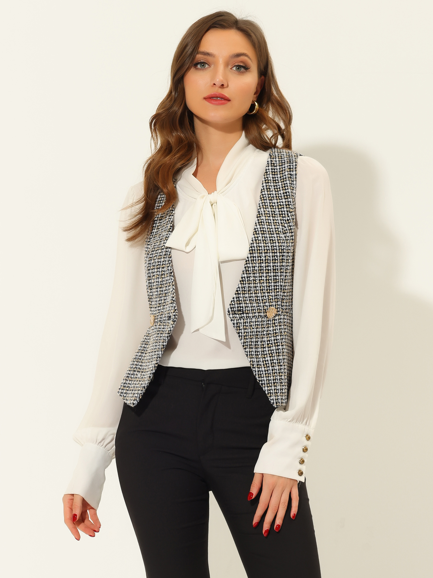 Tweed Double Breasted Sleeveless Plaid Waistcoat Jacket Vest Black/XS