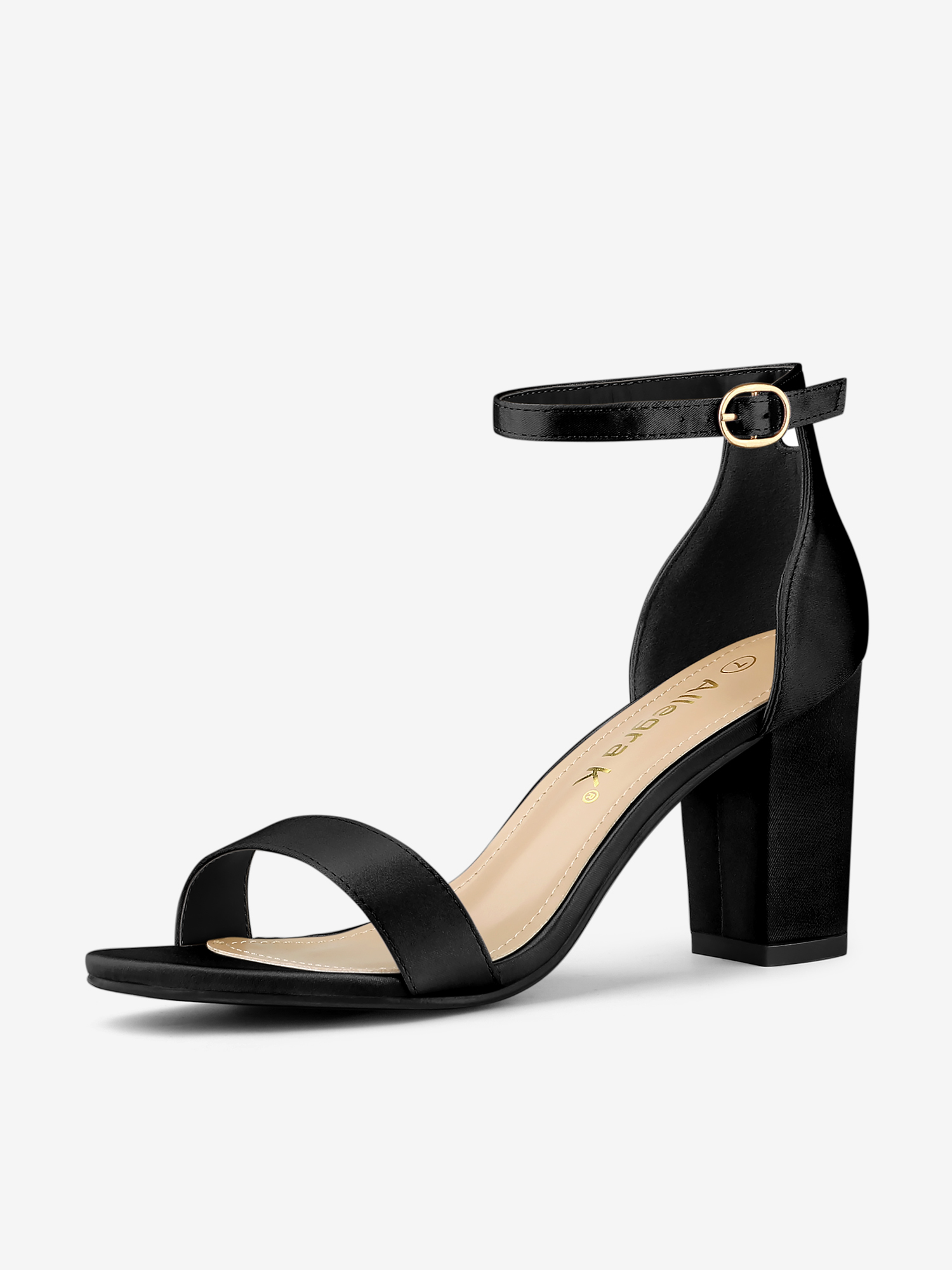 Satin Open Toe Ankle Strap Chunky Heel Sandals Black/9.5