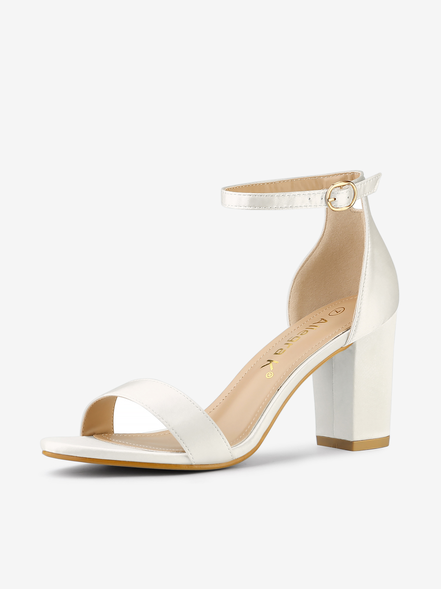 Satin Open Toe Ankle Strap Chunky Heel Sandals White/8