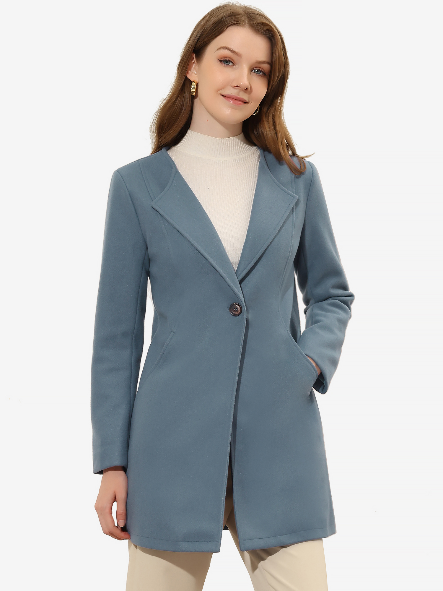 Mid-thigh Collarless Overcoat Single Breasted Outwear Winter Coat Gray Blue/M