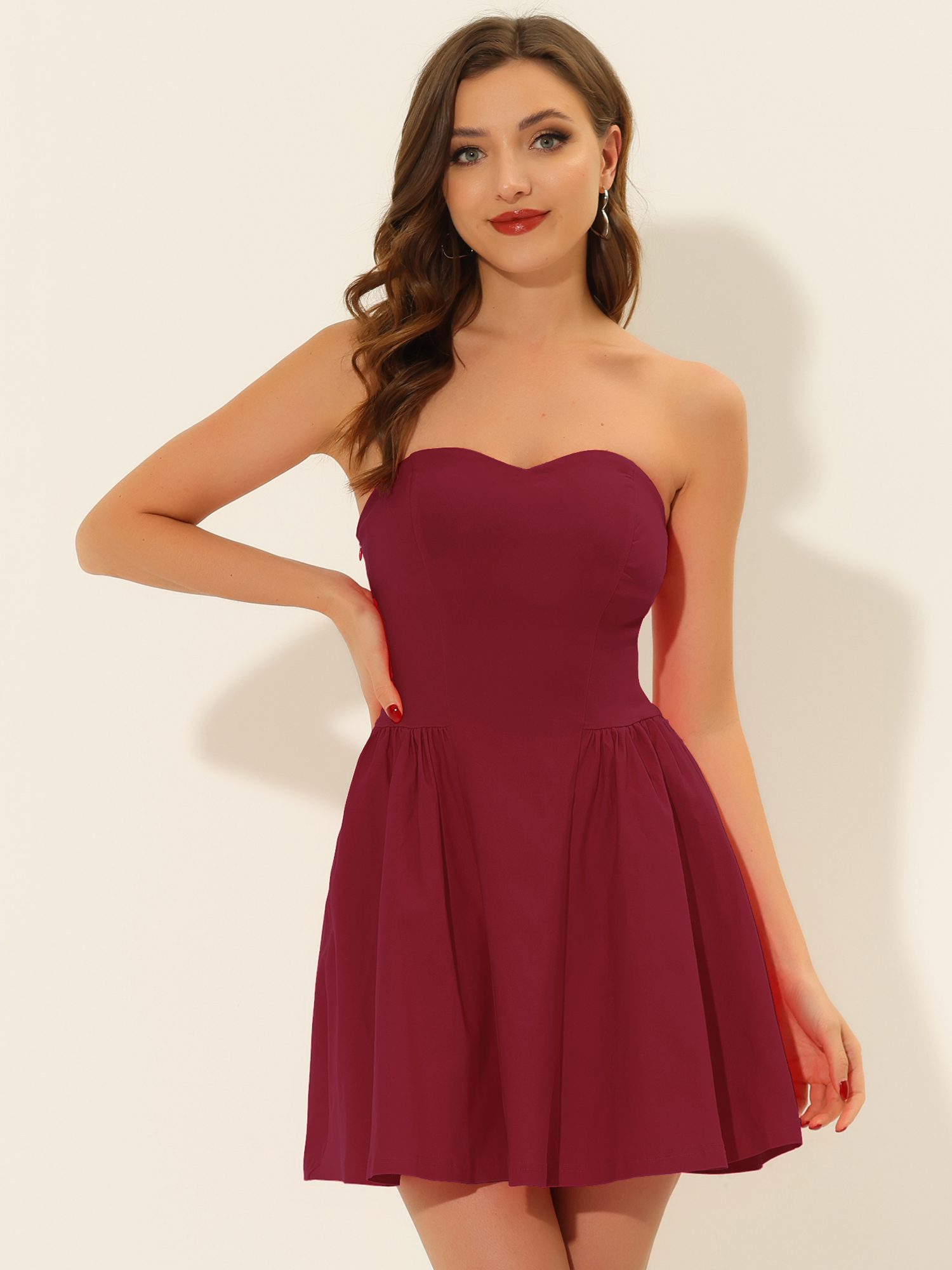 Strapless Sweetheart Neck Fit And Flare Mini Dress Wine Red/XL