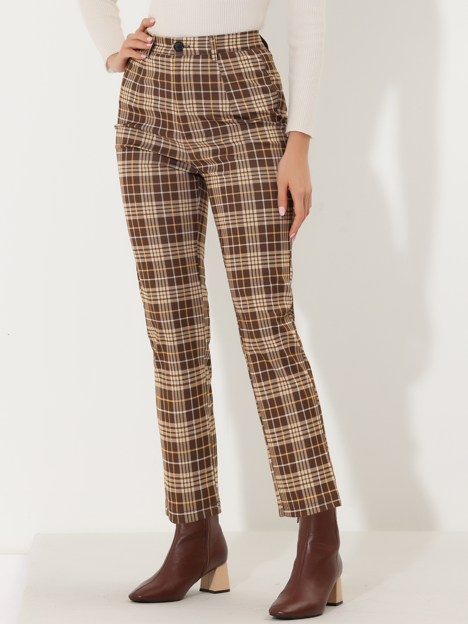 Plaid Cropped Trousers Button Casual Tartan Check Work Pants Brown Plaid/M
