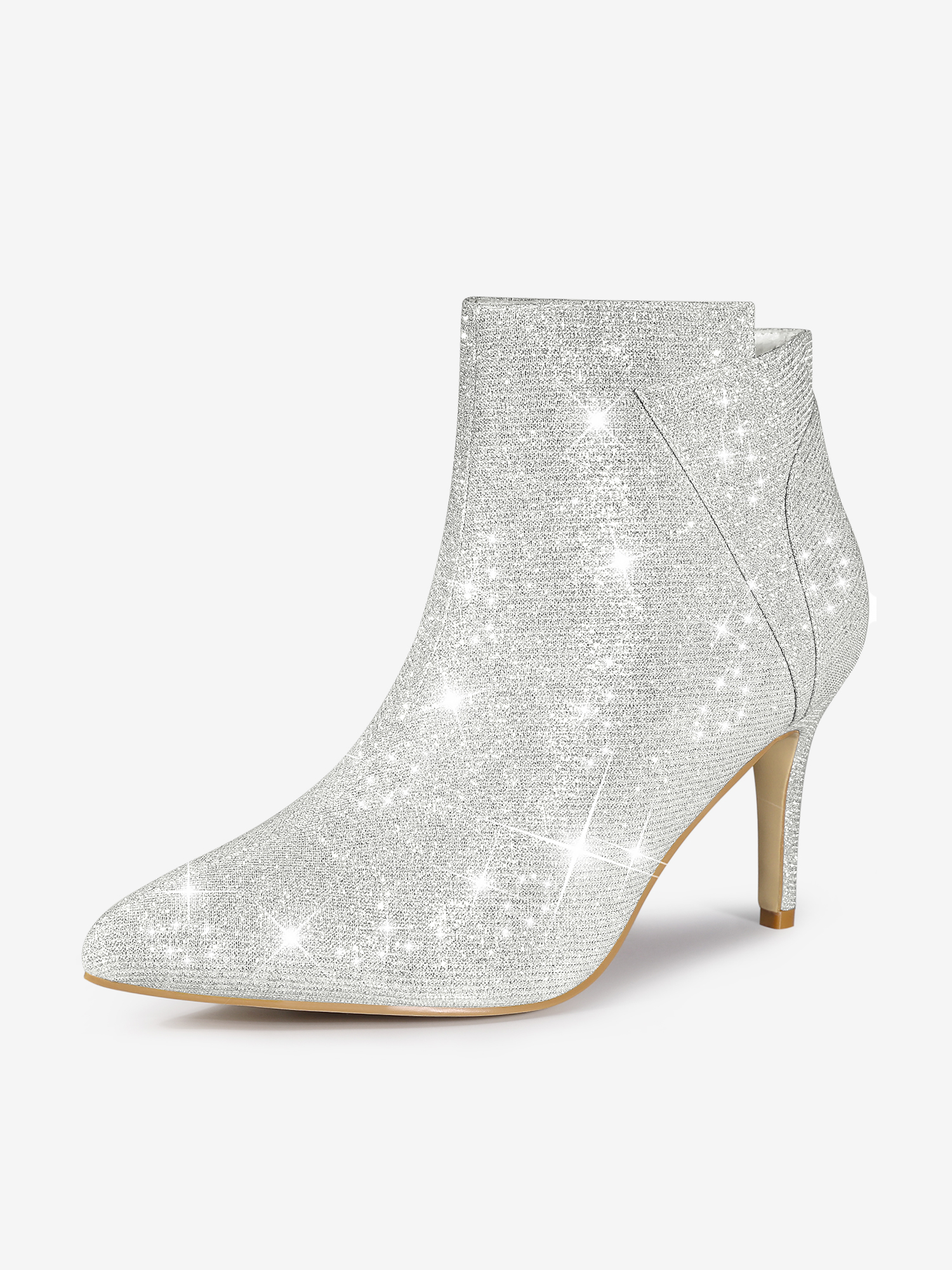 Glitter Pointed Toe Zipper Stiletto Heel Ankle Boots Silver/8