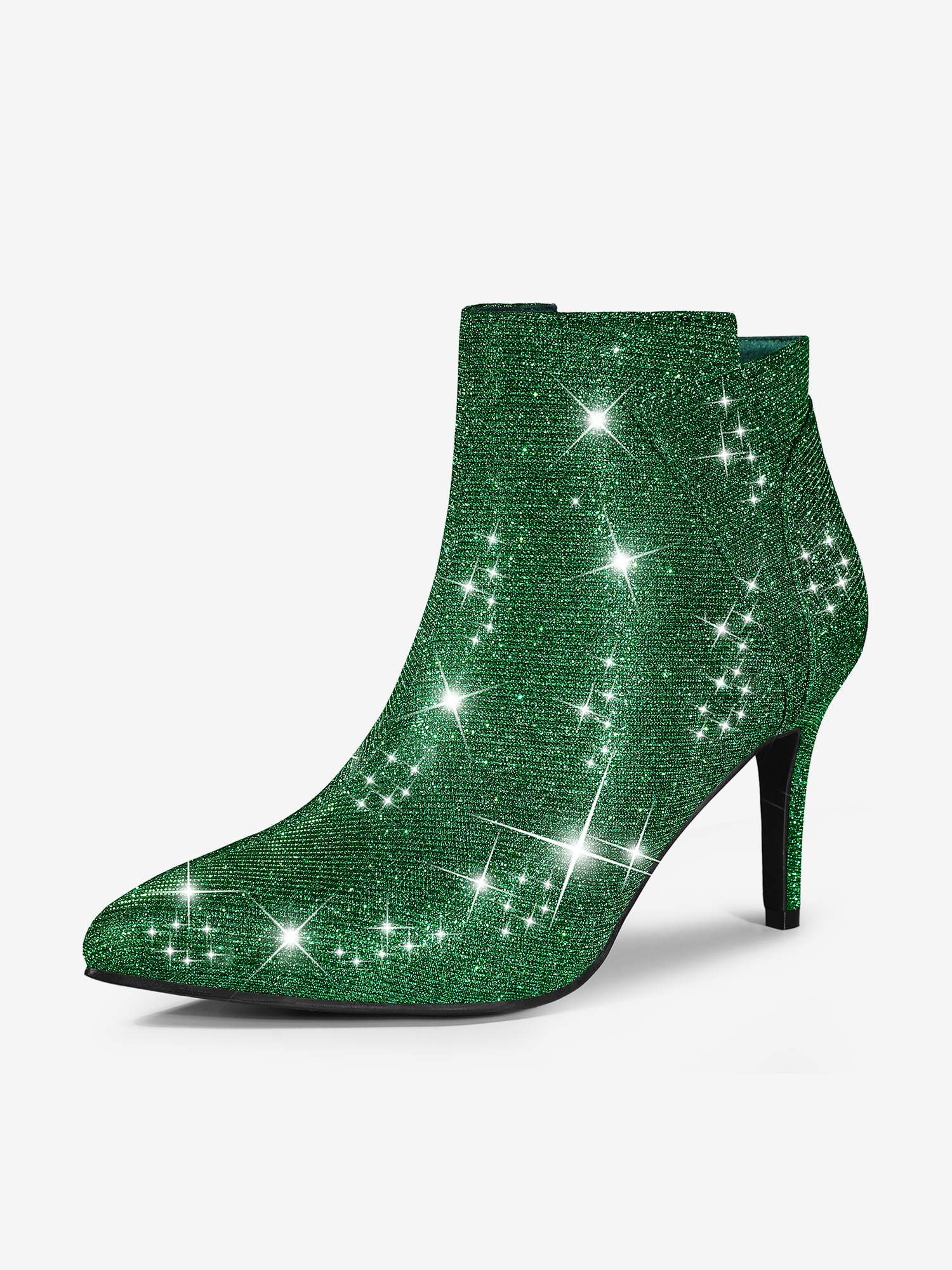 Glitter Pointed Toe Zipper Stiletto Heel Ankle Boots Green/9.5