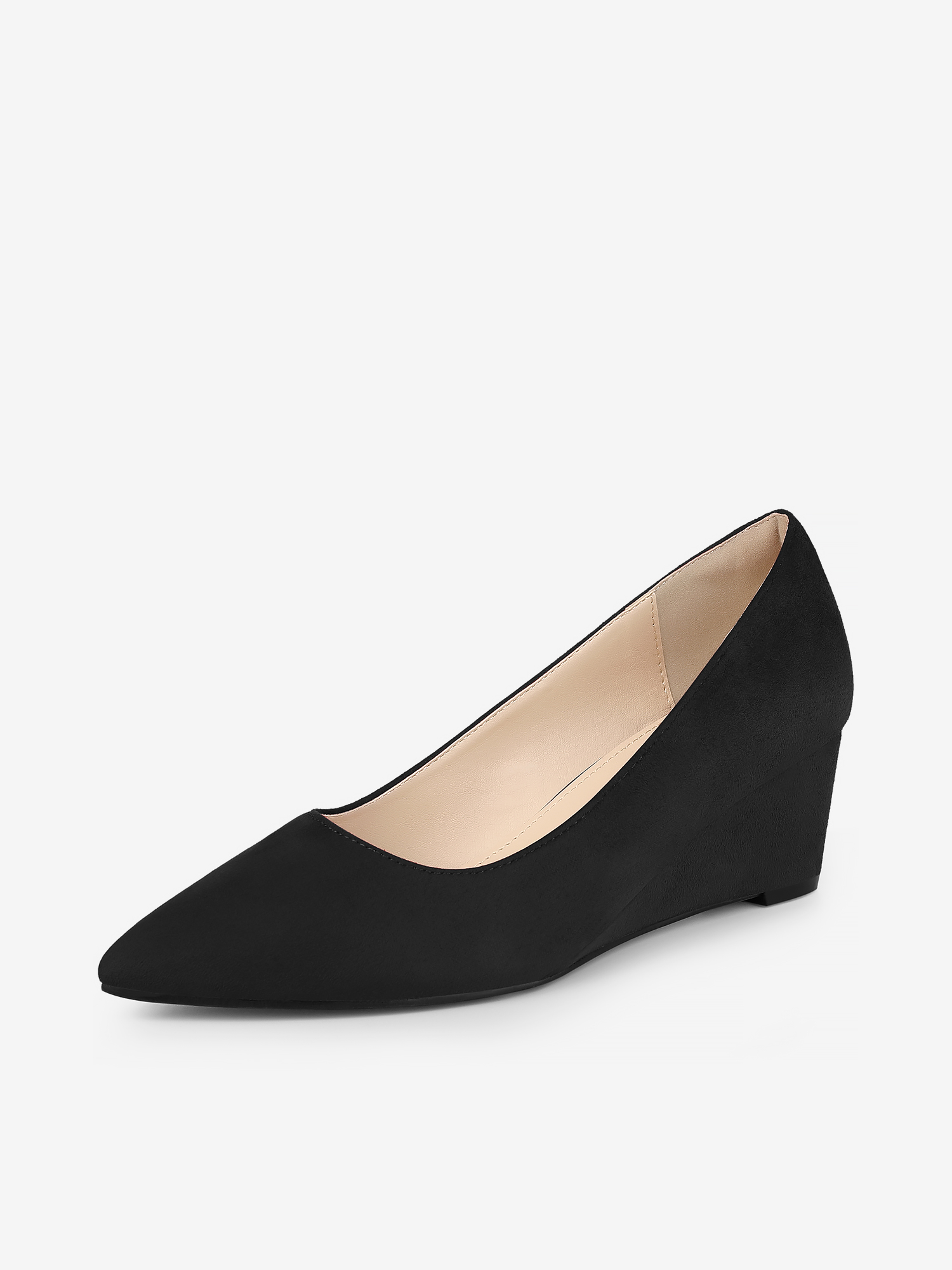 Faux Suede Solid Color Pointed Toe Slip On Wedge Heel Pumps Black/6