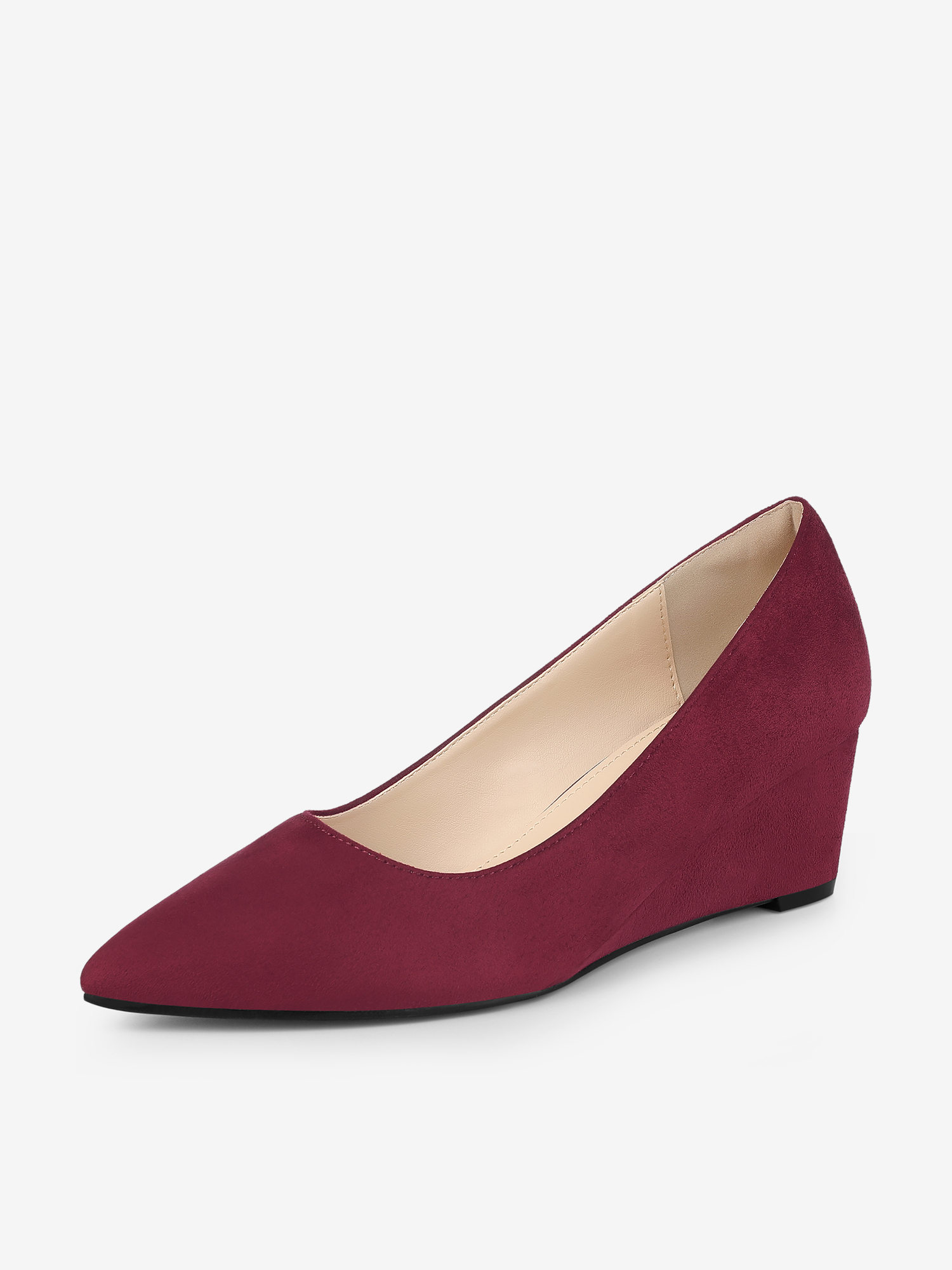 Faux Suede Solid Color Pointed Toe Slip On Wedge Heel Pumps Burgundy/10