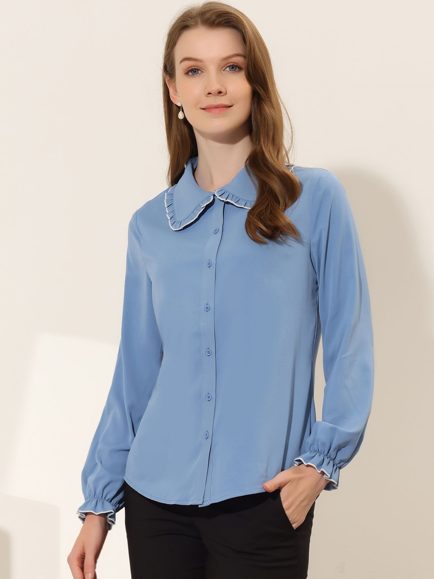 Sweet Ruffle Peter Pan Collar Long Sleeve Button Up Shirt Grey Blue/S