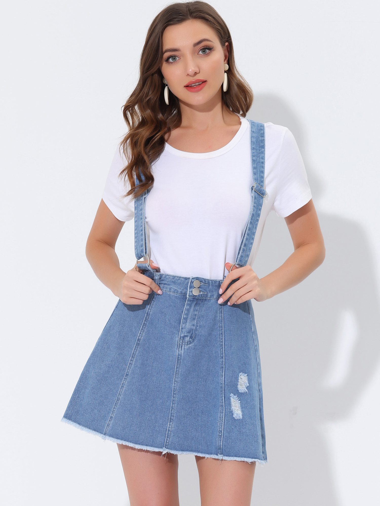 Adjustable Strap Braces Mini Suspender Washed Overall Denim Skirt Blue Frayed/XL