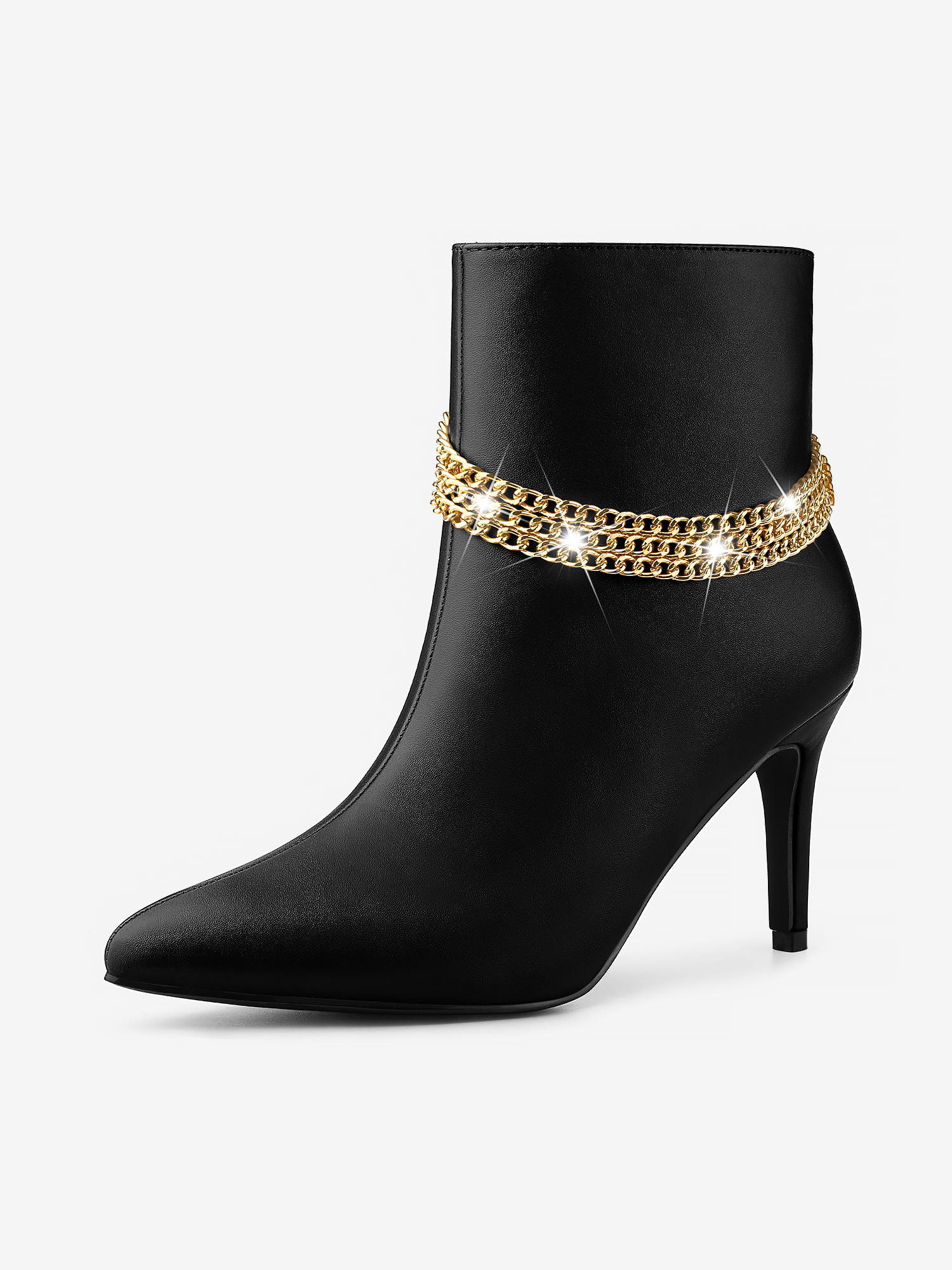 Pointy Toe Stiletto Heel Chain Ankle Boots Black/7.5