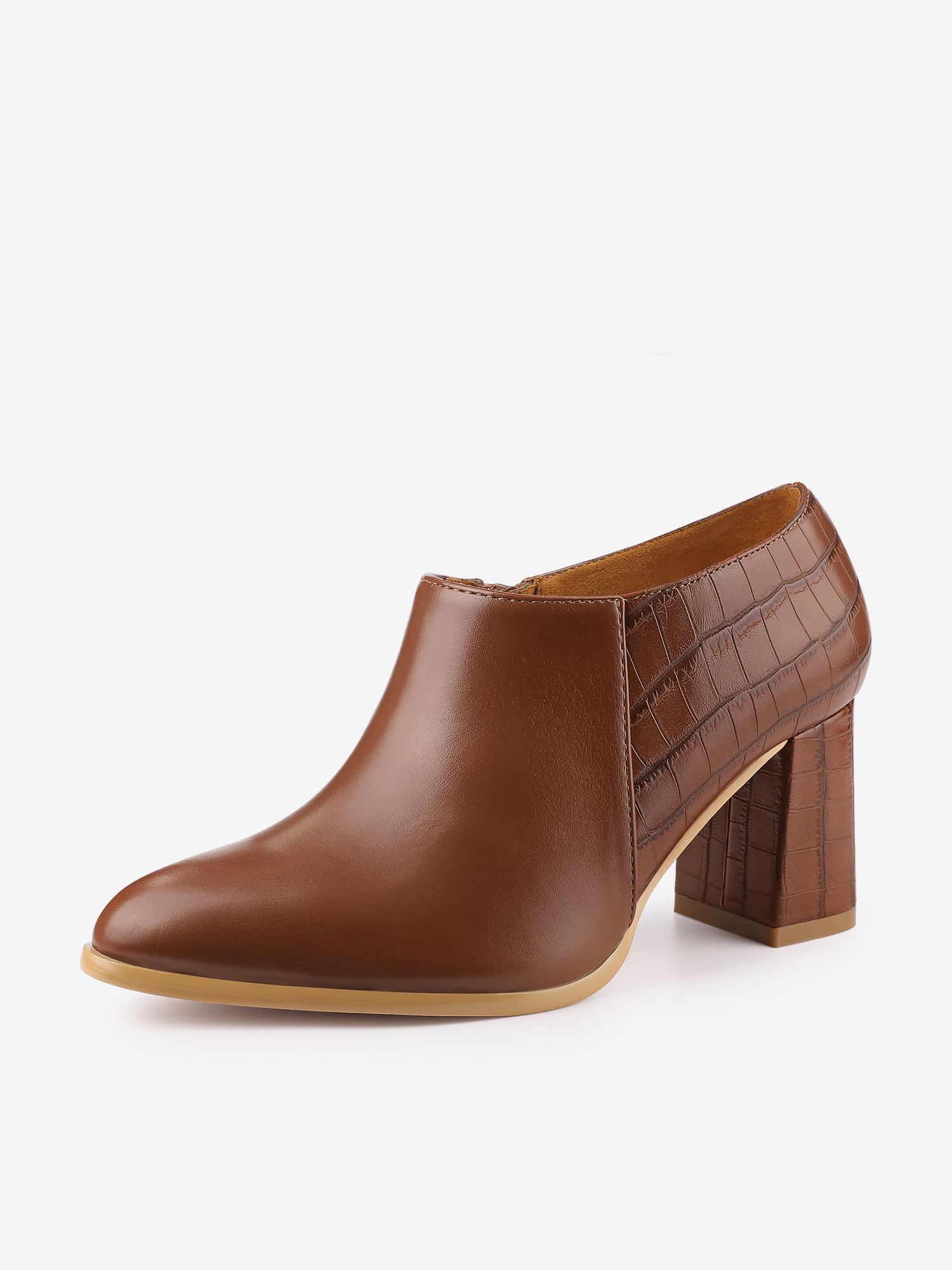 Patchwork Oxford Pointed Toe Chunky Heel Ankle Booties Brown/10