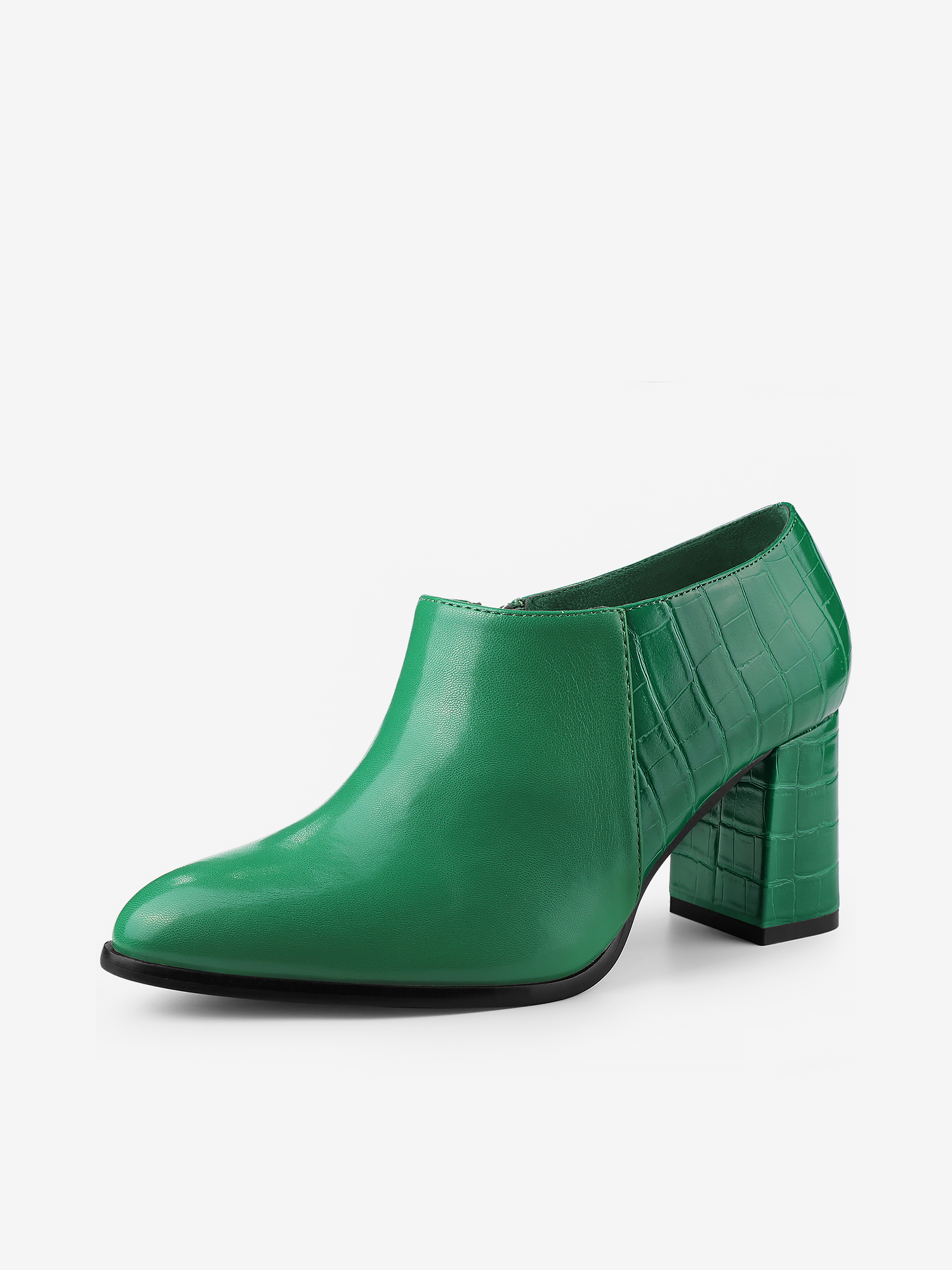 Patchwork Oxford Pointed Toe Chunky Heel Ankle Booties Green/9