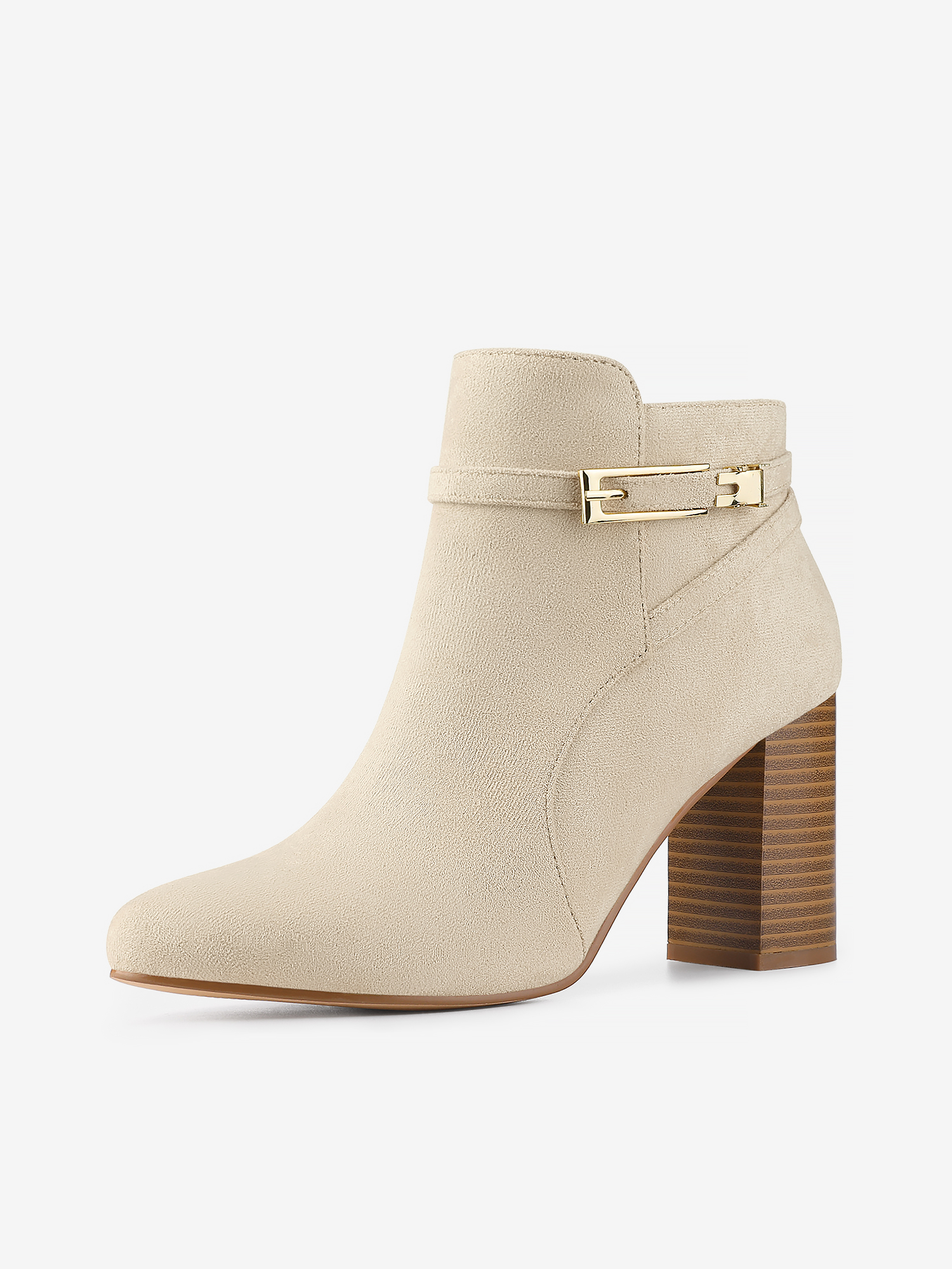 Round Toe Buckle Chunky Heel Ankle Boots Beige/6