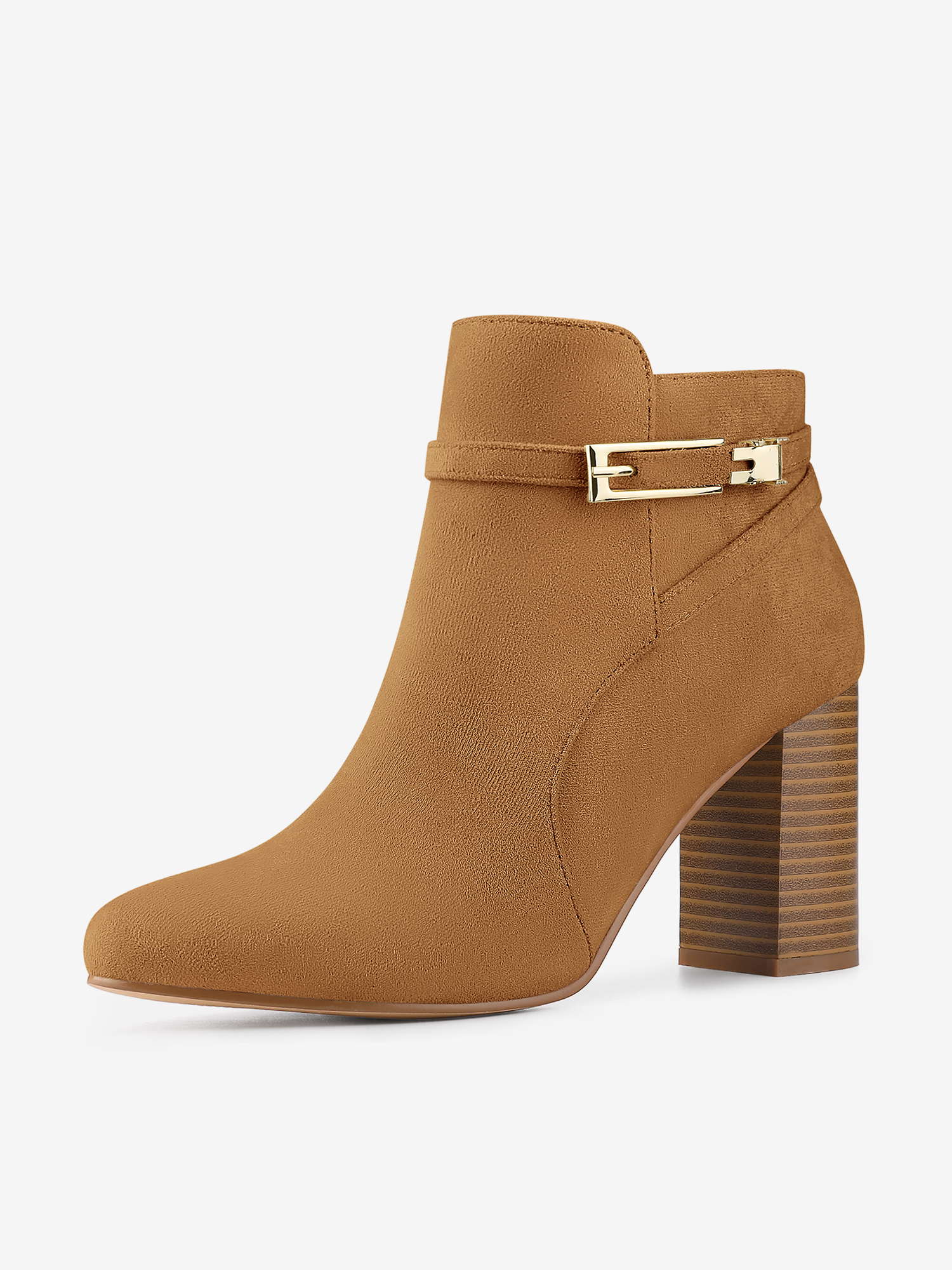 Round Toe Buckle Chunky Heel Ankle Boots Brown/8.5