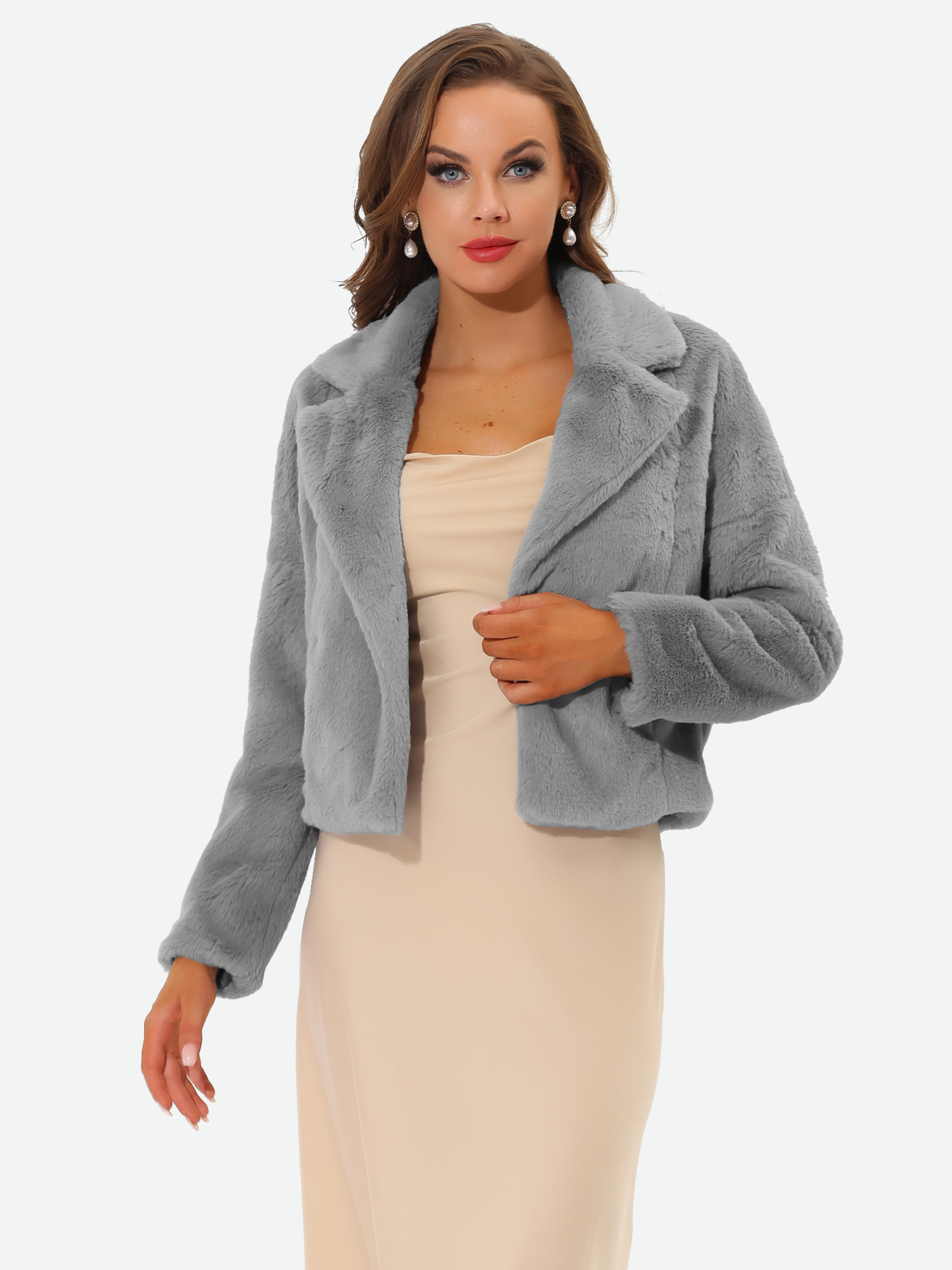 Allegra K Cropped Jacket Notch Lapel Faux Fur Fluffy Coat Grey/XL