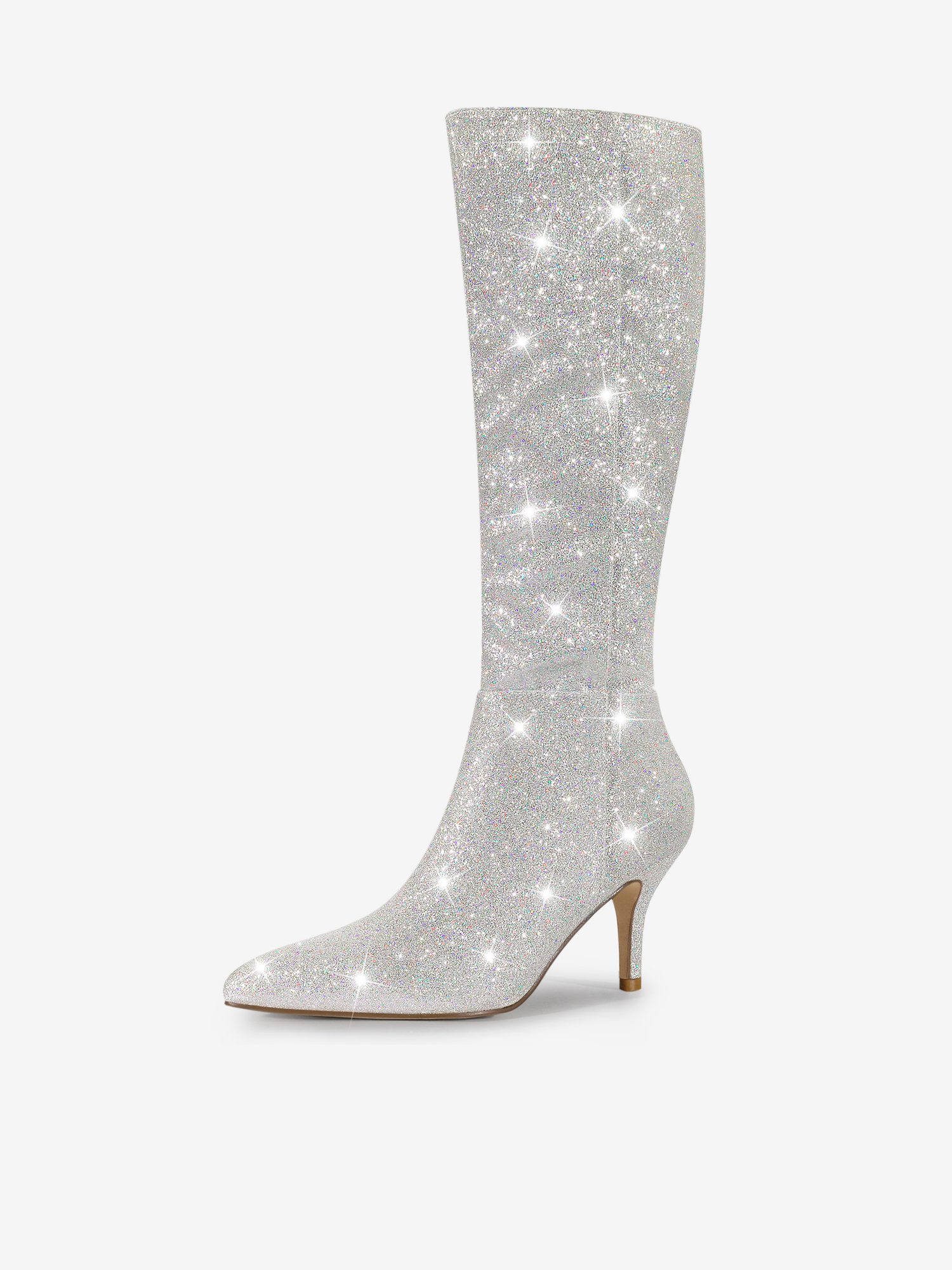 Sparkle Glitter Pointy Toe Stiletto Heel Knee High Boots Silver/9