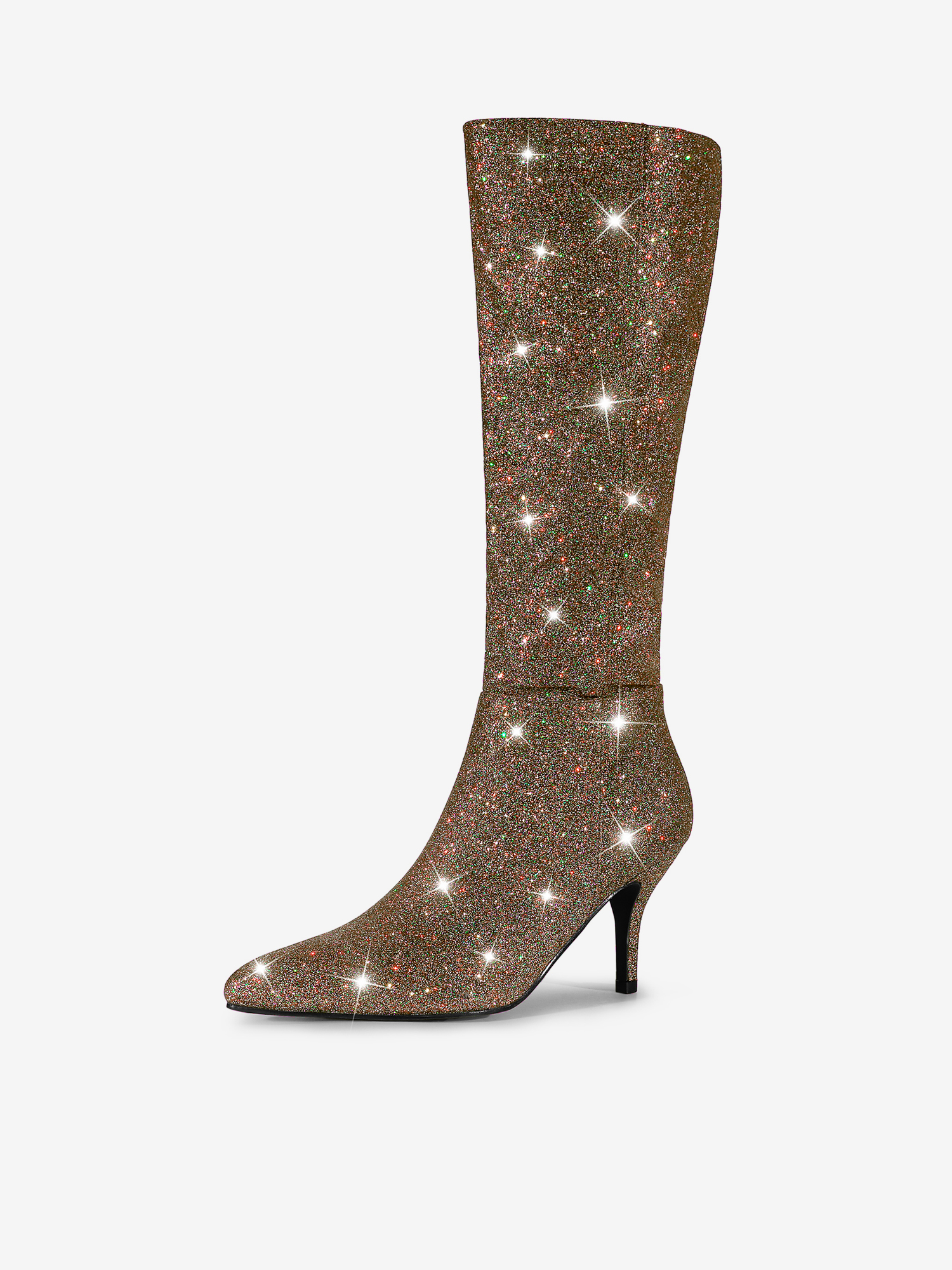 Sparkle Glitter Pointy Toe Stiletto Heel Knee High Boots Dark Brown/6