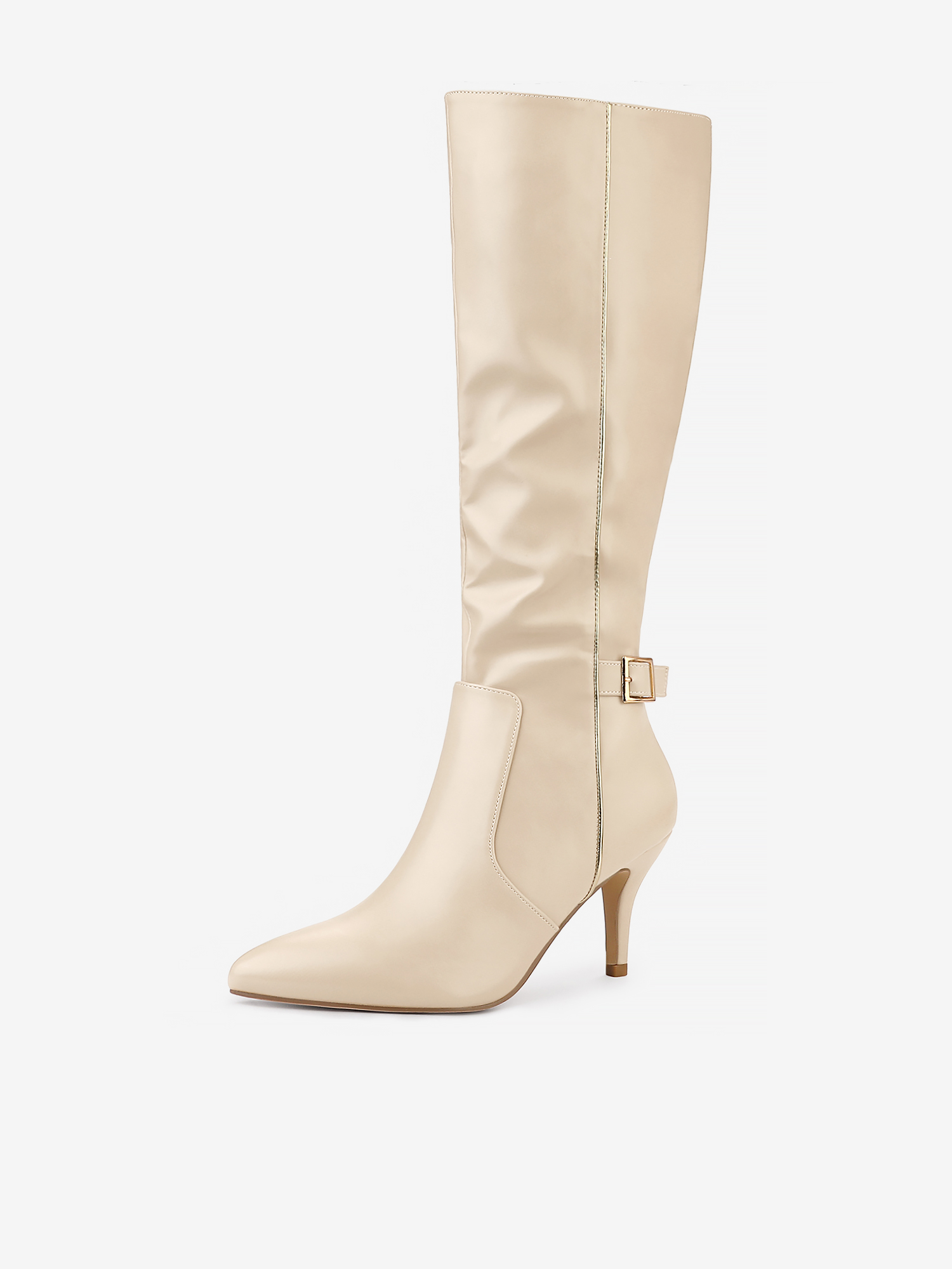 Pointy Toe Buckle Stiletto Heel Knee High Boots Beige/10