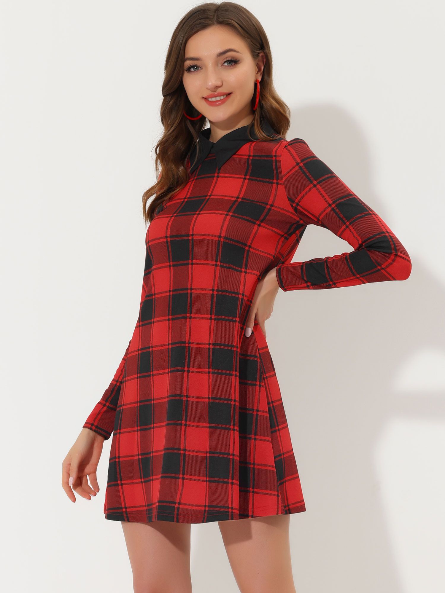 A Line Knit Holiday Long Sleeve Above The Knee Dress Red-Plaid/S