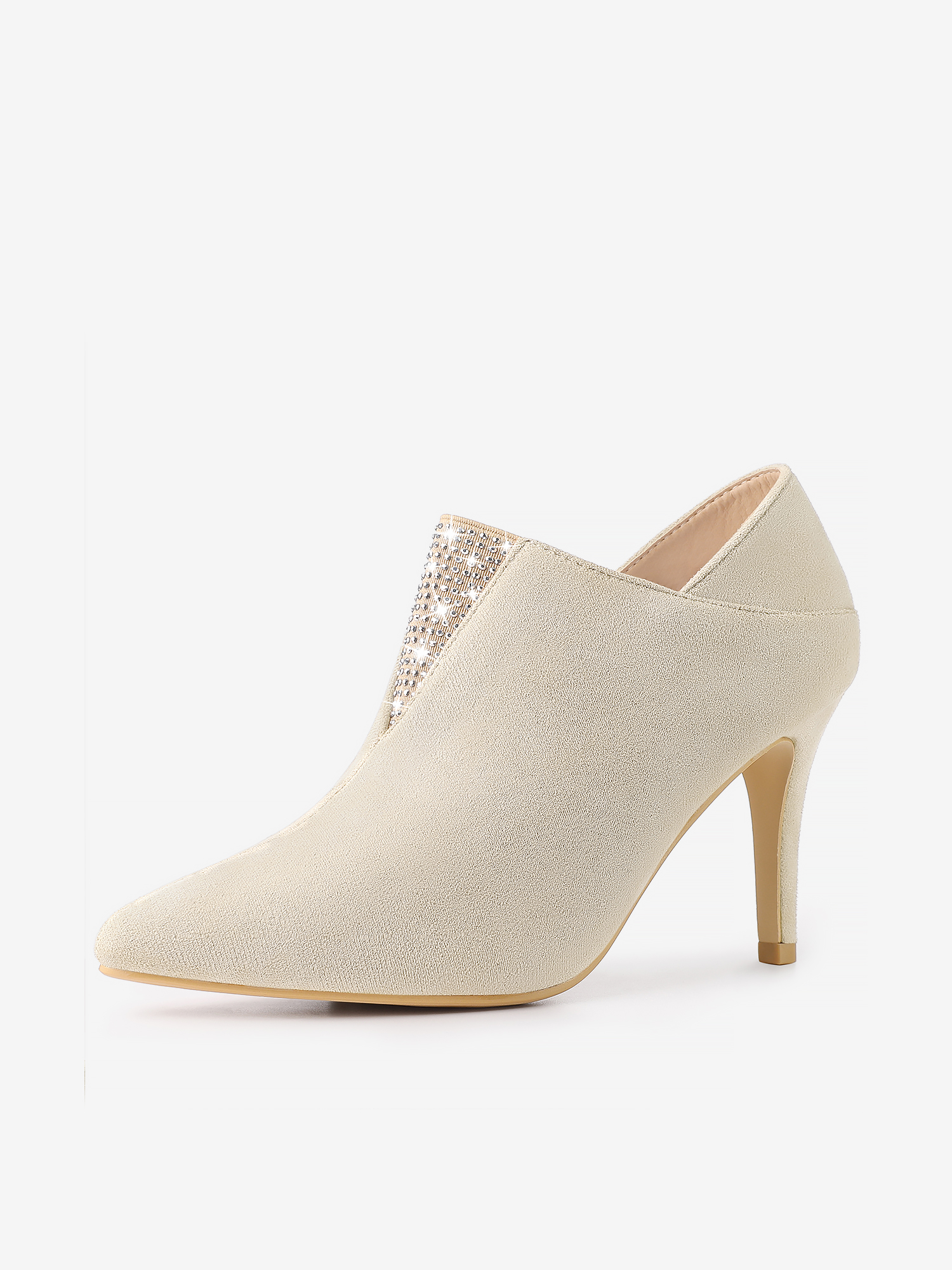 Pointed Toe Rhinestones Pull On Stiletto Heel Ankle Booties Beige/9