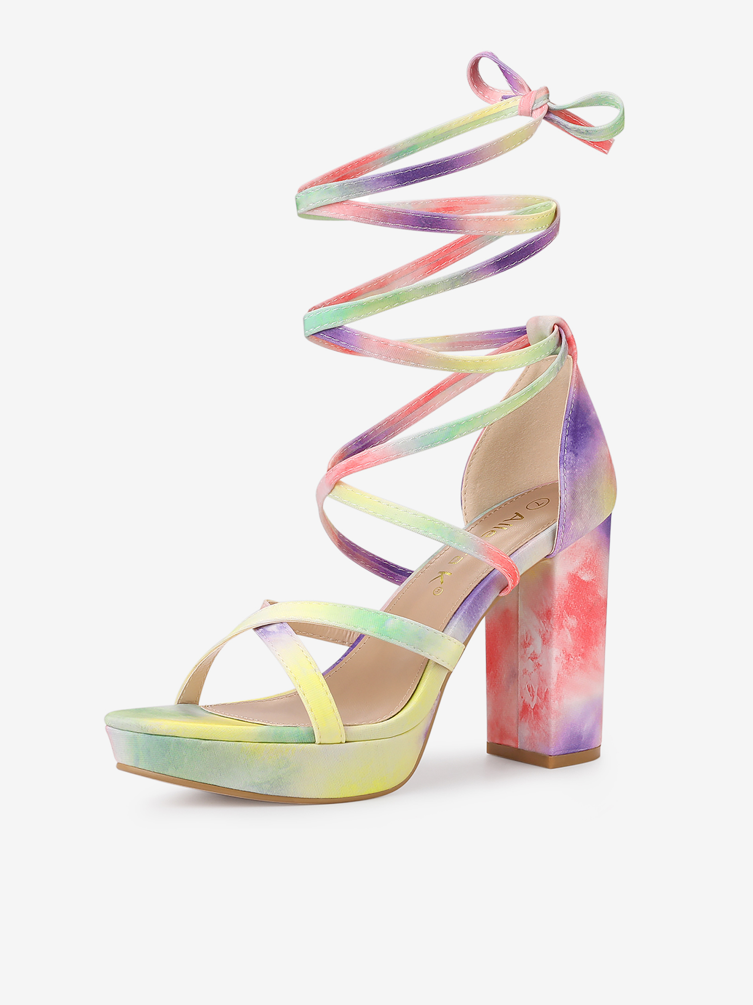 Tie Dye Platform Chunky Heel Lace Up Sandals Yellow/8.5