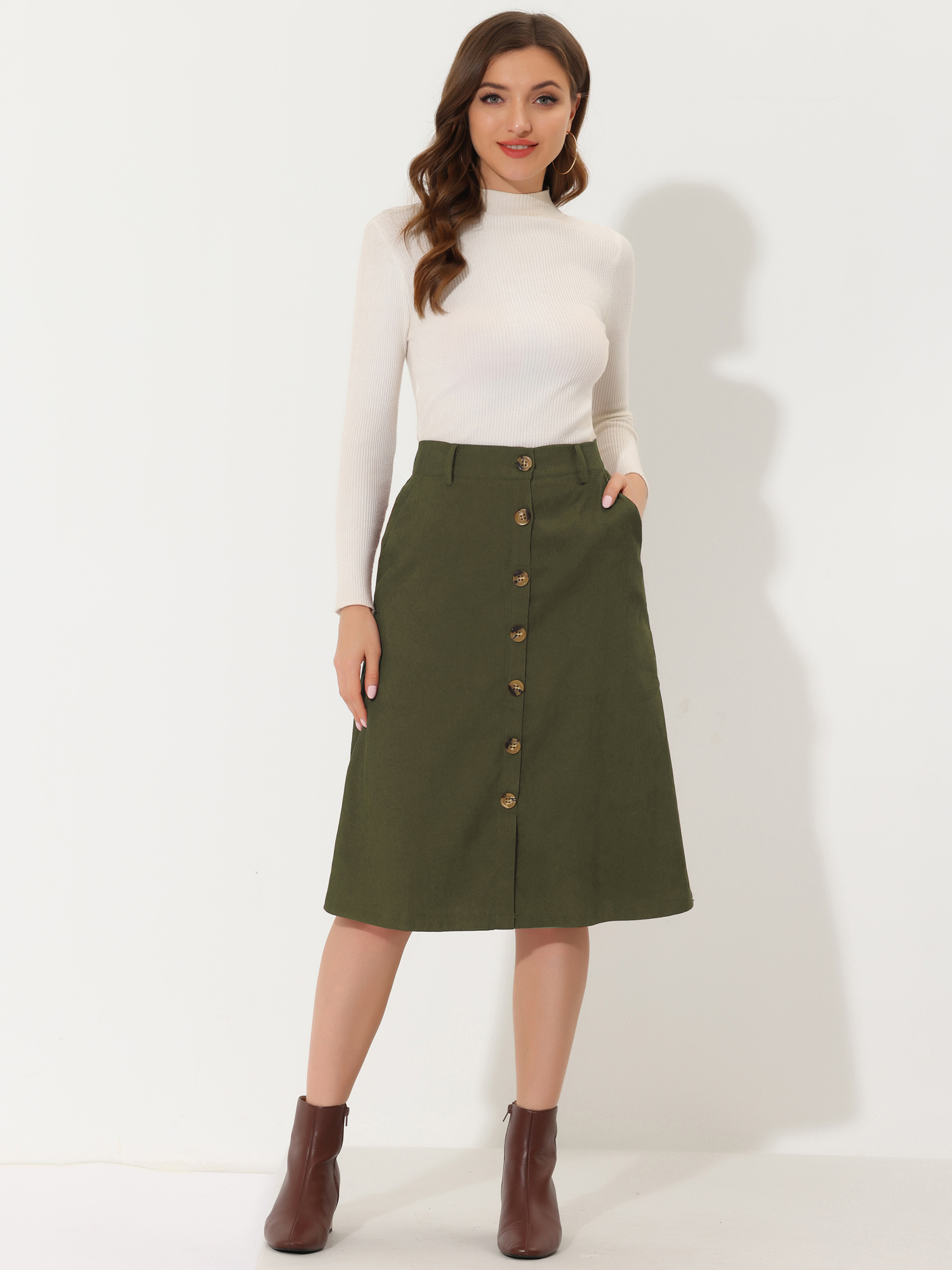 High Waist Button Front Belted Corduroy A-Line Midi Skirt Green/M