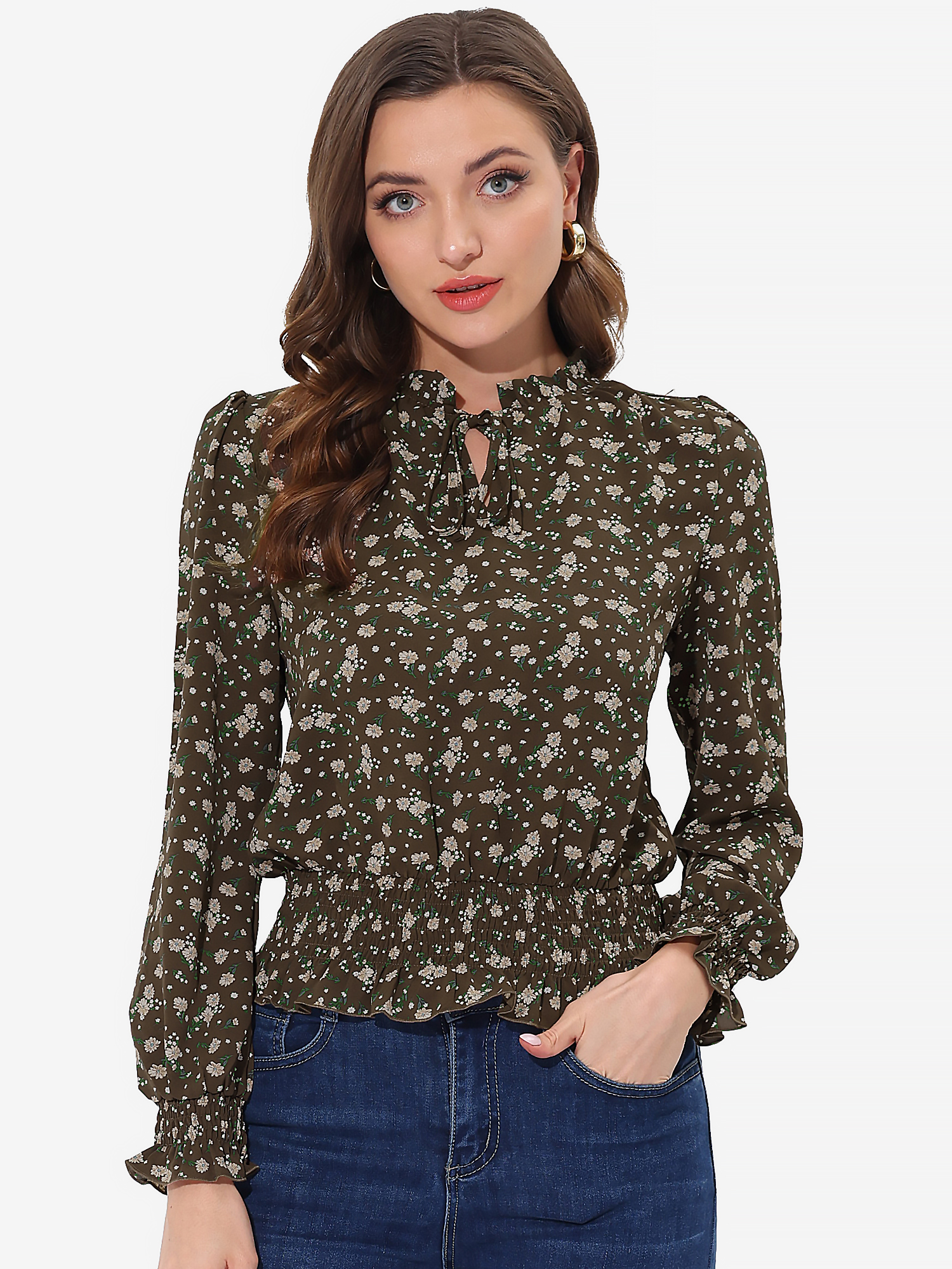 Ditsy Floral Blouse Ruffle Tie Neck Long Sleeve Peplum Smocked Tops Brown/XL