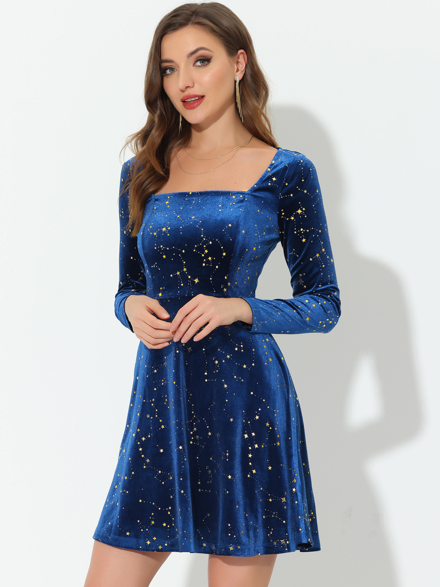 Christmas Stars Square Neck Vintage Velvet Mini Dress Royal Blue/XL