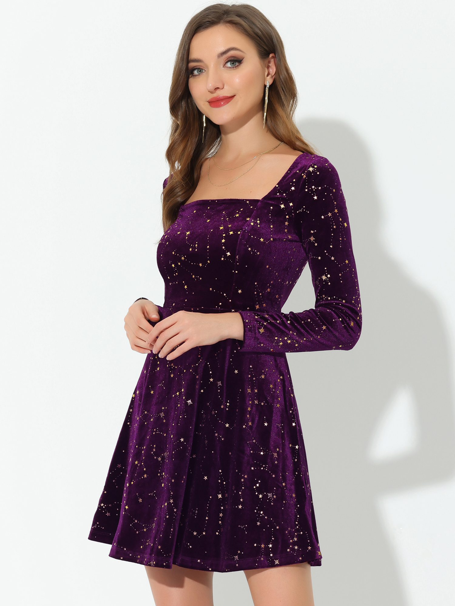 Christmas Stars Square Neck Vintage Velvet Mini Dress Dark Purple/L