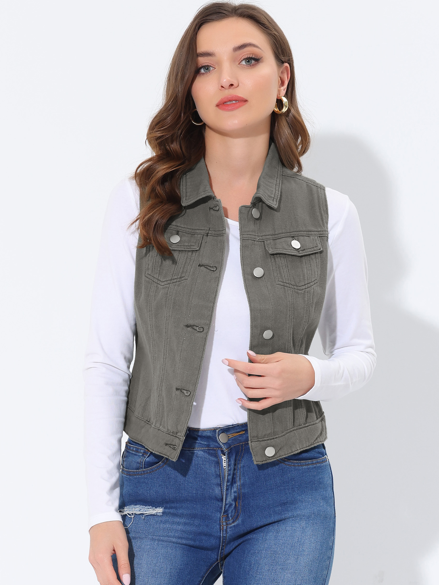 Flap Pocket Washed Buttoned Denim Jacket Vest Grey/L