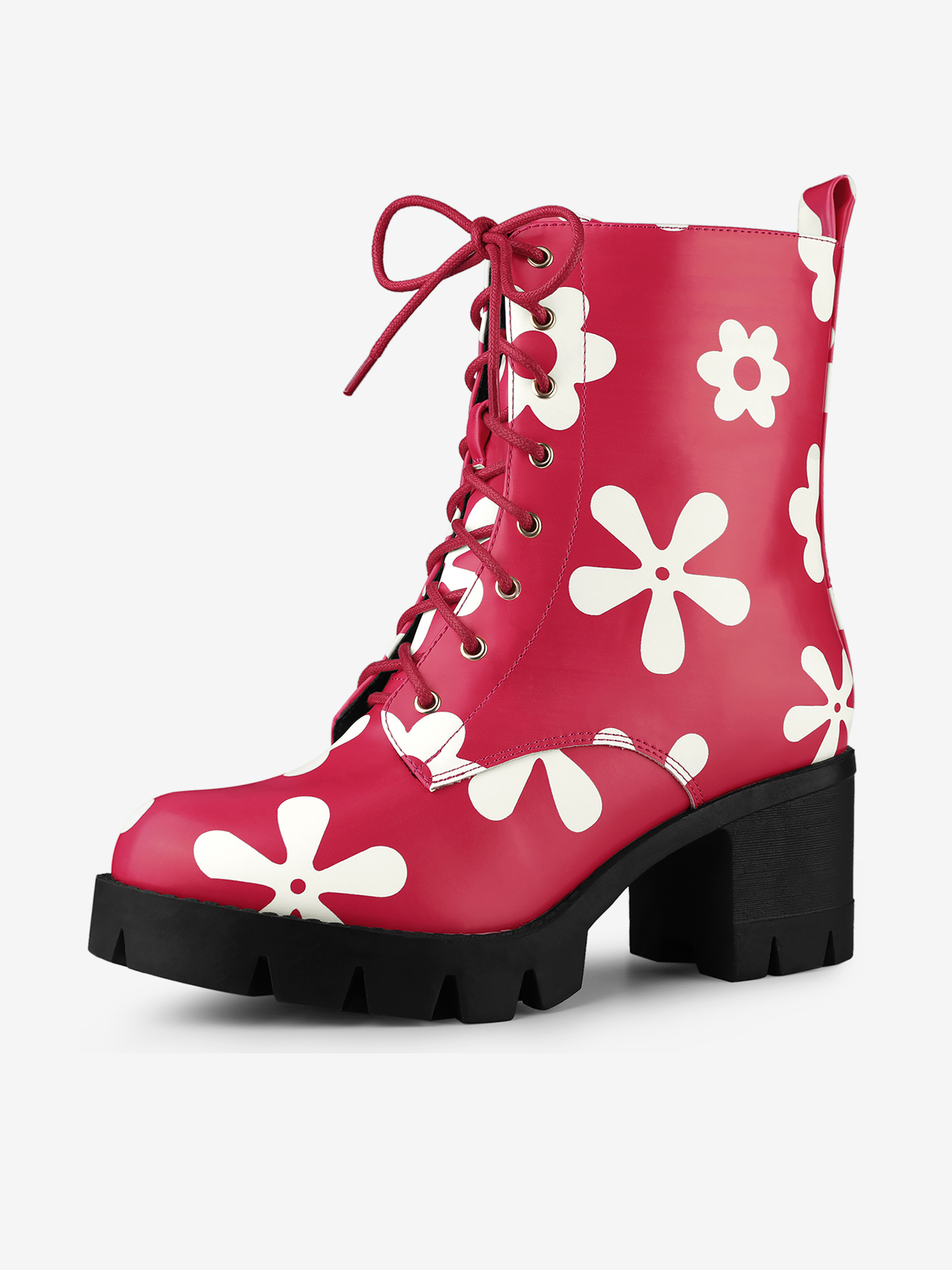 Printed Platform Round Toe Lace Up Chunky Heel Combat Boots Dark Pink/8.5