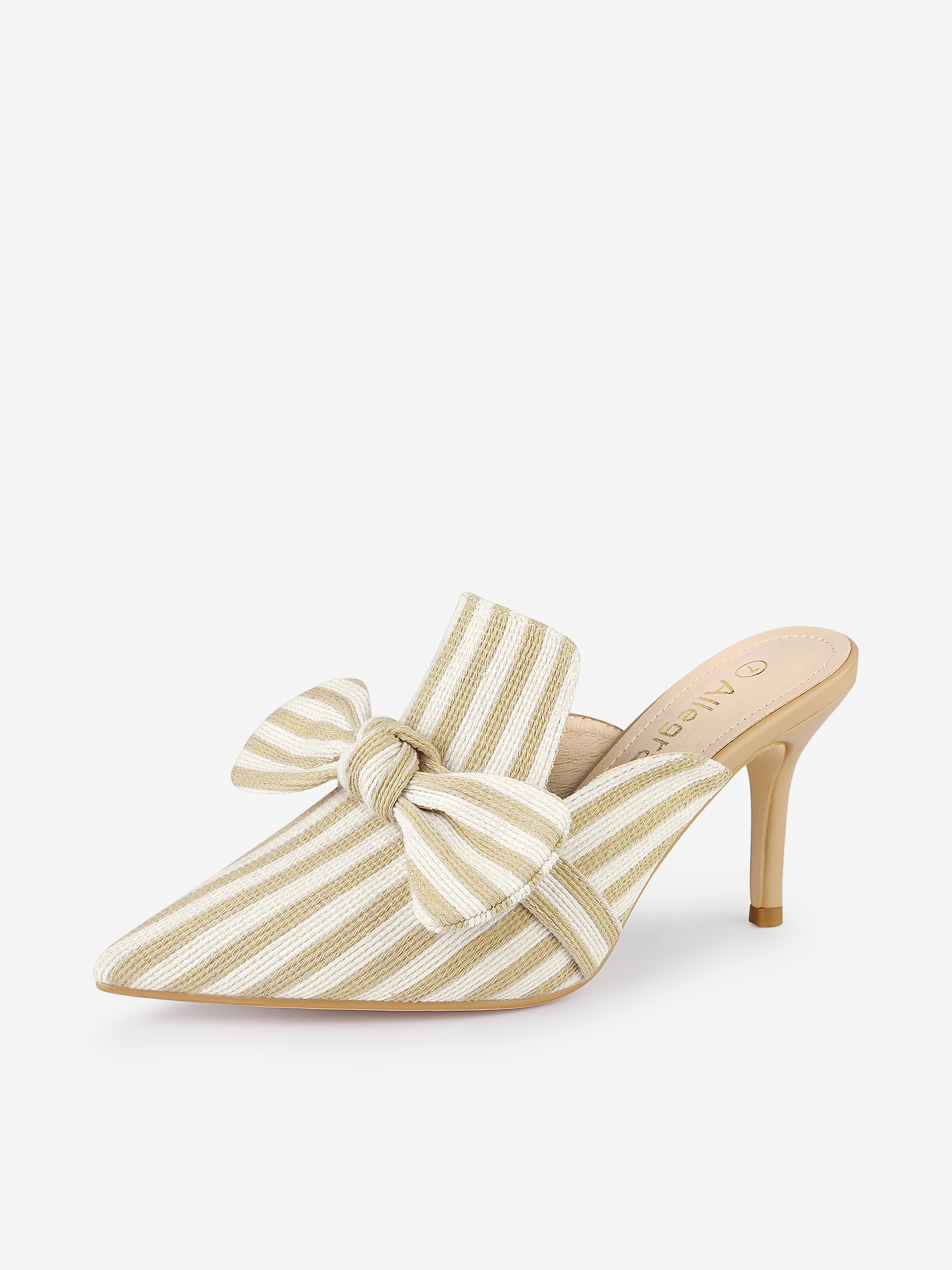 Stripe Bow Slip on Stiletto Heel Slides Mules Beige/6