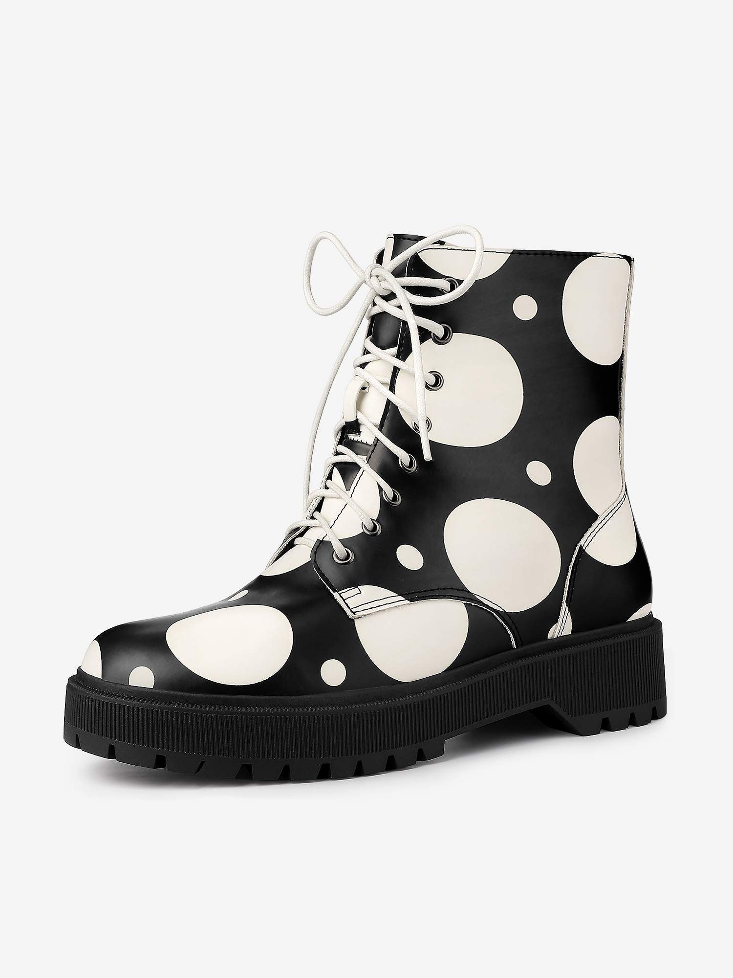 Polka Dots Platform Zipper Lace Up Combat Disco Boots Black White/8.5